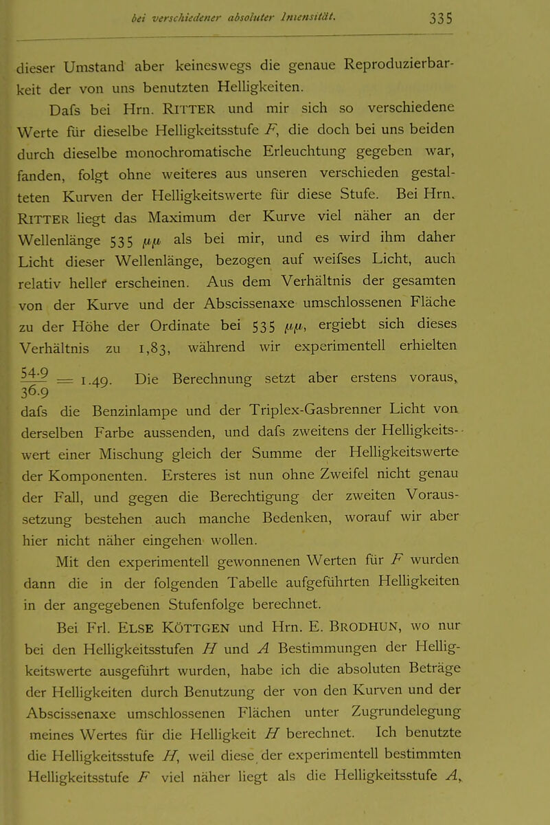 dieser Umstand aber keineswegs die genaue Reproduzierbar- keit der von uns benutzten Helligkeiten. Dafs bei Hrn. Ritter und mir sich so verschiedene Werte für dieselbe Helligkeitsstufe F, die doch bei uns beiden durch dieselbe monochromatische Erleuchtung gegeben war, fanden, folgt ohne weiteres aus unseren verschieden gestal- teten Kurven der Helligkeitswerte für diese Stufe. Bei Hrn. Ritter liegt das Maximum der Kurve viel näher an der Wellenlänge 535 ^ifi als bei mir, und es wird ihm daher Licht dieser Wellenlänge, bezogen auf weifses Licht, auch relativ hellet* erscheinen. Aus dem Verhältnis der gesamten von der Kurve und der Abscissenaxe umschlossenen Fläche zu der Höhe der Ordinate bei 535 jw^,, ergiebt sich dieses Verhältnis zu 1,83, während wir experimentell erhielten = 1.49. Die Berechnung setzt aber erstens voraus, 36.9 dafs die Benzinlampe und der Triplex-Gasbrenner Licht von derselben Farbe aussenden, und dafs zweitens der Helligkeits- • wert einer Mischung gleich der Summe der Helligkeitswerte der Komponenten. Ersteres ist nun ohne Zweifel nicht genau der Fall, und gegen die Berechtigung der zweiten Voraus- setzung bestehen auch manche Bedenken, worauf wir aber hier nicht näher eingehen wollen. Mit den experimentell gewonnenen Werten für F wurden dann die in der folgenden Tabelle aufgeführten Helligkeiten in der angegebenen Stufenfolge berechnet. Bei Frl. ELSE KöTTGEN und Hrn. E. Brodhun, wo nur bei den Helligkeitsstufen H und A Bestimmungen der Hellig- keitswerte ausgeführt wurden, habe ich die absoluten Beträge der Helligkeiten durch Benutzung der von den Kurven und der Abscissenaxe umschlossenen Flächen unter Zugrundelegung meines Wertes für die Helligkeit H berechnet. Ich benutzte die Helligkeitsstufe weil diese der experimentell bestimmten Helligkeitsstufe F viel näher liegt als die Helligkeitsstufe