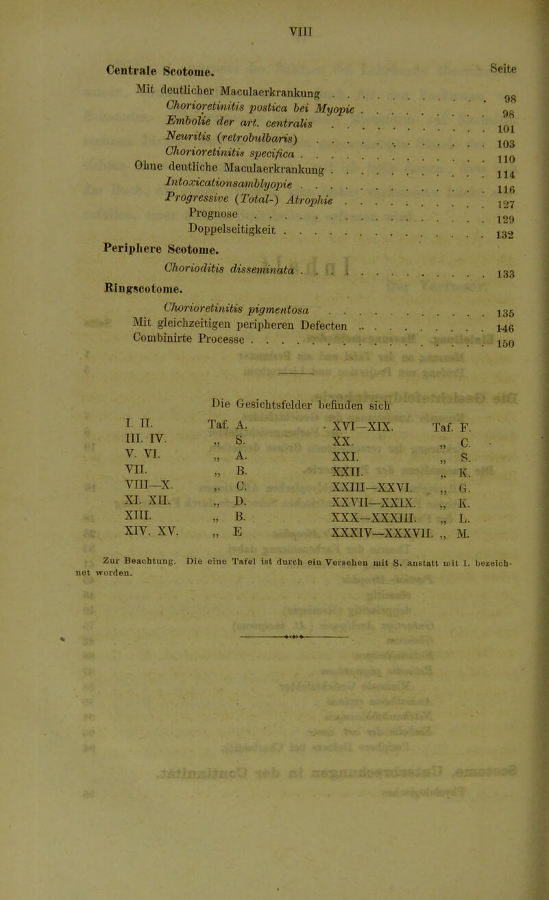 Centrale Scotome. s, il' Mit deutlicher Maculaerkrankung 98 Chorioretinitis postica bei Myopie . . 93 Embolie der art. centralis 101 Neuritis (retrobulbaris) 103 Chorioretinitis specißca 110 Ohne deutliche Maculaerkrankung . .114 Intoxicationsamblyopie 116 Progressive (Total-) Atrophie ......... ,27 Prognose 129 Doppelseitigkeit 132 Periphere Scotome. Chorioclitis disseminata-.\\ fl 1 . . . . . 133 Kingscotome. Chorioretinitis pigmentosa ; 135 Mit gleichzeitigen peripheren Defecten 146 Combinirte Processe . . 150 Die Gesichtsfelder befinden sich I. II- Taf. A. . XVI-XIX. Taf. F. HI- IV. „ S. XX. „ C. ■ v. vi. „ a. xxi. f?Tv.& VIL „ B. XXII. „ K. VIII—X. „ C. XXIII-XXVI. „ G. XI- XH. ., D. XXVII—XXIX. ., K. XIII- „ B. XXX -XXX11I. „ L. XIV. XV. „ E XXXIV—XXXVII. „ M. Zur Beachtung. Die eine Tafel ist durch ein Versehen mit S. anstatt mit 1. bezeich- net worden.