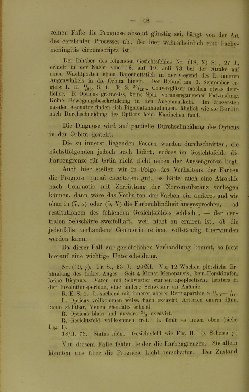 zelnen Falle die Prognose absolut günstig sei, hängt von der Art des cerebralen Processes ab, der hier wahrscheinlich eine Pachy- meningitis circumscripta ist. Der Inhaber des folgenden Gesichtsfeldes Nr. (18, X) St., 27 J erhielt in der Nacht vom 18. auf 19. Juli 73 hei der Attake auf einen Wachtposten einen ISajonnettstich in der Gegend des I,. inneren Augenwinkels in die Orbita hinein. Der Befund am 1. September er- giebt L. H. *l36, S. 1. R. S. 20/20o, Convexgläser machen etwas deut- licher. R Opticus gräuweiss, keine Spur vorausgegangener Kntzünduim. Keine Bewegungsbeschränkung in den Augenmuskeln. Im äussersten nasalen Aequator finden sich Pigmentanhäufungen, ähnlich wie sie Herl in nach Durchschneidung des Opticus heim Kaninchen fand. Die Diagnose wird auf partielle Durchschneidung des Opticus in der Orbita gestellt. Die zu innerst liegenden Fasern wurden durchschnitten, die nächstfolgenden jedoch auch lädirt, sodass im Gesichtsfelde die Farbengrenze für Grün nicht dicht neben der Aussengrenze liegt. Auch hier stellen wir in Folge des Verhaltens der Farben die Prognose quoad caecitatem gut, es hätte auch eine Atrophie nach Commotio mit Zerrüttung der Nervensubstanz vorliegen können, dann wäre das Verhalten der Farben ein anderes und wie oben in (7, c<) oder (5, V) die Farbenblindheit ausgesprochen, — ad restitutionem des fehlenden Gesichtsfeldes schlecht, — der cen- tralen Sehschärfe zweifelhaft, weil nicht zu eruiren ist, ob die jedenfalls vorhandene Commotio retinae vollständig überwunden werden kann. Da dieser Fall zur gerichtlichen Verhandlung kommt, so fusst hierauf eine wichtige Unterscheidung. Nr. (19, y). Fr. S., 53 .T. 20/XI. Vor 12 Wochen plötzliche Er- blindung des linken Auges. Seit 4 Monat Menopausis, kein Herzklopfen, keine Dispnoe. Vater und Schwester starben apopleetisch, Letztere in der Involutionsperiode, eine andere Schwester an Anämie. R. K. S. 1. L. suchend mit innerer oberer Iietinaparthie S. V20— '/io- L. Opticus vollkommen weiss, flach exeavirt. Arterien enorm dünn, kaum sichtbar, Venen ebenfalls schmal. R. opticus blas* und äussere 2/3 excavirt. 1!. Gesichtsfeld vollkommen frei. L. fehlt es innen oben (siehe Fig. I). 18/11. 73. Status idem. Gesichtsfeld wie Fig. II. (s. Schema y.) Von diesem Falle fehlen leider die Farbengrenzen. Sie allein könnten uns über die Prognose Lieh! verschaffen, Der Zustand