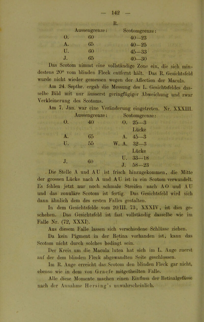EL Aussengrenze: Scotomgrenze: 0. 60 40—23 A. 65 40-25 U. 60 45—33 J. 65 40—30 Das Scotom nimmt eine vollständige Zone ein, die sich min- destens 20° vom blinden Fleck entfernt hält. Das R. Gesichtsfeld wurde nicht wieder gemessen wegen der Aff'ection der Macula. Am 24. Septbr. ergab die Messung des L. Gesichtsfeldes das- selbe Bild mit nur äusserst geringfügiger Abweichung und zwar Verkleinerung des Scotoms. Am 7. Jan. war eine Veränderung eingetreten. Nr. XXXIII. Aussengrenze: Scotomgrenze : 0. 40 0. 25—3 Lücke A. 65 A. 45—3 U. 55 W. A. 32—3 Lücke 60 U. 33—18 J. 58—23 . Die Stelle A und AU ist frisch hinzugekommen, die Mitte der grossen Lücke nach A und AU ist in ein Scotom verwandelt. Es fehlen jetzt nur noch schmale Streifen nach AO und AU und das zonuläre Scotom ist fertig. Das Gesichtsfeld wird sich dann ähnlich dem des ersten Falles gestalten. In dem Gesichtsfelde vom 20/111. 73, XXXIV, ist dies ge- schehen. Das Gesichtsfeld ist fast vollständig dasselbe wie im Falle Nr. (72, XXXI). Aus diesem Falle lassen sich verschiedene Schlüsse ziehen. Da kein Pigment in der Retina vorhanden ist, kann das Scotom nicht durch solches bedingt sein. Der Kreis um die Macula lutea hat sich im L. Auge zuerst auf der dem blinden Fleck abgewandten Seite geschlossen. Im R. Auge erreicht das Scotom den blinden Fleck gar nicht, ebenso wie in dem von Graefe mitgetheilten Falle. Alle diese Moniente machen einen KinHuss der lletinalgetäss, nach der Annahme Hersing's unwahrscheinlich!