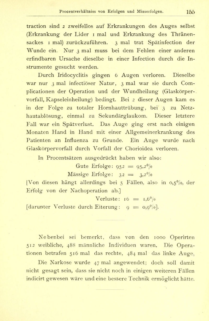 Procentverhältniss von Erfolgen und Misserfolgen. 1ÖÖ traction sind 2 zweifellos auf Erkrankungen des Auges selbst (Erkrankung der Lider 1 mal und Erkrankung des Thränen- sackes 1 mal) zurückzuführen. 3 mal trat Spätinfection der Wunde ein. Nur 3 mal muss bei dem Fehlen einer anderen erfindbaren Ursache dieselbe in einer Infection durch die In- strumente gesucht werden. Durch Iridocyclitis gingen 6 Augen verloren. Dieselbe war nur 3 mal infectiöser Natur, 3 mal war sie durch Com- plicationen der Operation und der Wundheilung (Glaskörper- vorfall, Kapseleinheilung) bedingt. Bei 2 dieser Augen kam es in der Folge zu totaler Hornhauttrübung, bei 3 zu Netz- hautablösung, einmal zu Sekundärglaukom. Dieser letztere Fall war ein Spätverlust. Das Auge ging erst nach einigen Monaten Hand in Hand mit einer Allgemeinerkrankung des Patienten an Influenza zu Grunde. Ein Auge wurde nach Glaskörpervorfall durch Vorfall der Chorioidea verloren. In Procentsätzen ausgedrückt haben wir also: Gute Erfolge: 952 = 95,2°/o Mässige Erfolge: 32 = 3,2°/o [Von diesen hängt allerdings bei 5 Fällen, also in o,5°/o, der Erfolg von der Nachoperation ab.] Verluste: 16 = i,6°/o [darunter Verluste durch Eiterung: 9 = o,9°/o]. Nebenbei sei bemerkt, dass von den 1000 Operirten 512 weibliche, 488 männliche Individuen waren. Die Opera- tionen betrafen 516 mal das rechte, 484 mal das linke Auge. Die Narkose wurde 47 mal angewendet; doch soll damit nicht gesagt sein, dass sie nicht noch in einigen weiteren Fällen indicirt gewesen wäre und eine bessere Technik ermöglicht hätte.