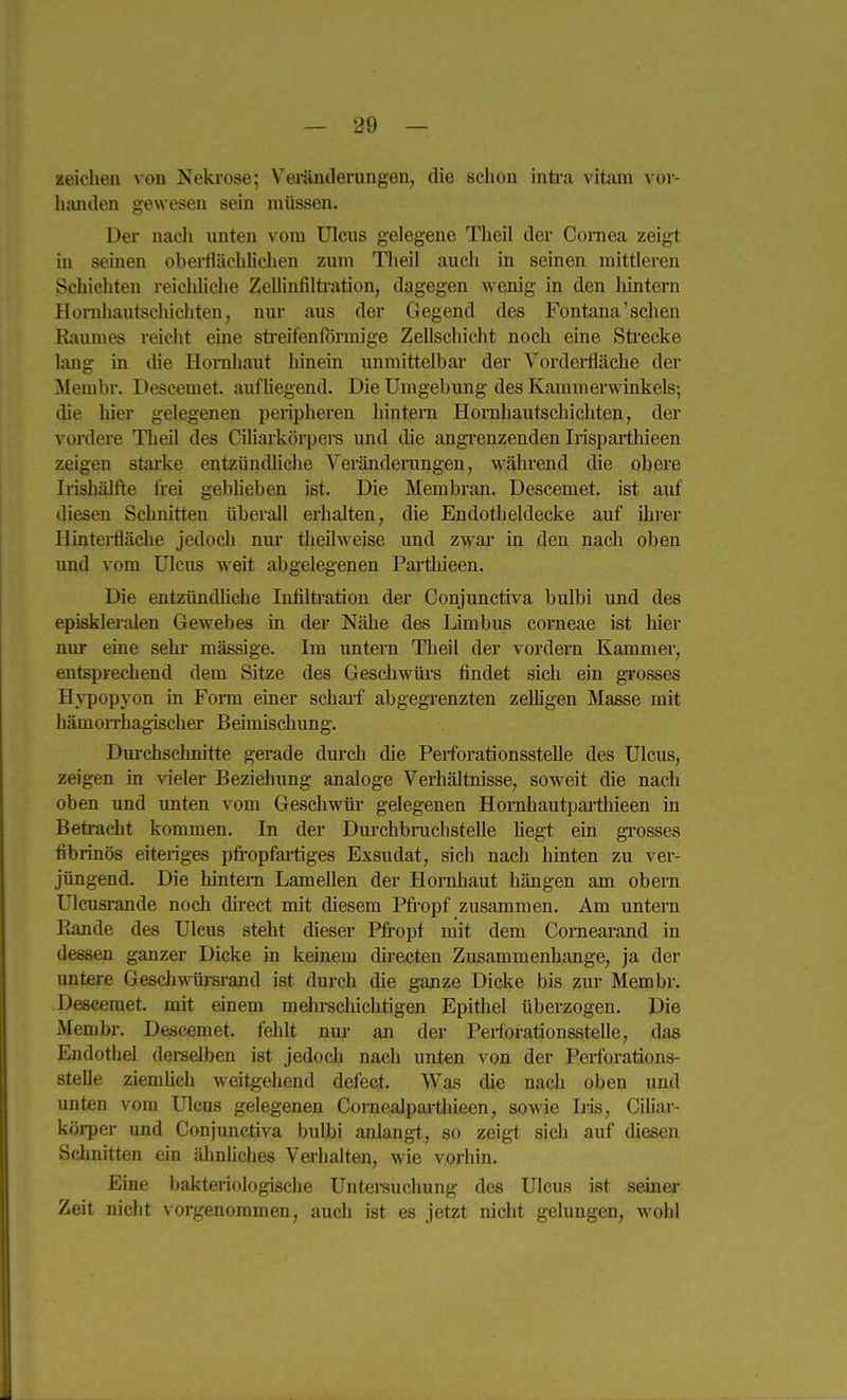 zeichen von Nekrose; VerÄnilerungen, die schon inü'a vitam vor- handen gew esen sein müssen. Der nach unten vom Ulcus gelegene Theil der Coraea zeigt in seinen obei-flächlichen zum Theil auch in seinen mittleren Schichten reiclüiche Zellinfilü'ation, dagegen wenig in den hintern Horahautschichten, nur aus der Gegend des Fontana'sehen Baumes reiclit eine sti'eifenformige Zellschicht noch eine Sti-ecke lang in die Hornhaut hinein unmittelbar der Vordei-fläche der Membr. Descemet, airfliegend. Die Umgebung des Kammerwinkels; die hier gelegenen peripheren hintern Hornhautschichten, der vordere Theil des Ciliarkörpere und die angTcnzenden Irisparthieen zeigen starke entzündliche Verändemngen, während die obere Iilshälfte frei geblieben ist. Die Membran. Descemet, ist auf diesen Schnitten überall erhalten, die Endotheldecke auf ihi'er Ilinteifläche jedoch nur theilweise und zwai* in den nach oben und vom Ulcus weit abgelegenen Parthieen. Die entzündliche Infilti'ation der Conjunctiva bulbi und des episkleralen Gewebes in der Nähe des Limbus corneae ist hier nur eine sehr- massige. Im untern Theil der vordem Kammer, entsprechend dem Sitze des Geschwüi's findet sich ein gi'osses H\T)opyon in Fonn einer schaif abgegrenzten zelligen Masse mit hämon-hagischer Beimischung. Dui-chschnitte gerade durch die Perforationsstelle des Ulcus, zeigen in vieler Beziehung analoge Verhältnisse, soweit die nach oben und unten vom Geschwüi* gelegenen Homhautpai'thieen in Betracht kommen. In der Dm-chbruchstelle Ueg-t ein gi-osses fibrinös eiteriges pfropfartiges Exsudat, sicli nach hinten zu ver- jüngend. Die hintern Lamellen der Hornhaut hängen am obem Ulcusrande noch direct mit diesem Pfropf zusammen. Am untern Rande des Ulcus steht dieser Pfropf mit dem Conieai-and in dessen ganzer Dicke in keinem directen Zusammenhange, ja der untere Geschwürsrand ist durch die ganze Dicke bis zur Membr. Descemet, mit einem mehrschiclitigen Epithel überzogen. Die Membr. Descemet, fehlt nm- an der Perfbrationsstelle, das Endothel dei-selben ist jedoch nach unten von der Perfbrations- stelle ziemUeh weitgehend defect. Was die nach oben und unten vom Ulcus gelegenen Coraealpai-tliieen, sowie Iiis, Ciliar- körper und Conjunctiva bulbi anlangt, so zeigt sich auf diesen Schnitten ein älmliches Verhalten, wie vorhin. Eine bakteriologische Untei-suchung des Ulcus ist seinei* Zeit nicht vorgenommen, auch ist es jetzt nicht gelungen, wohl