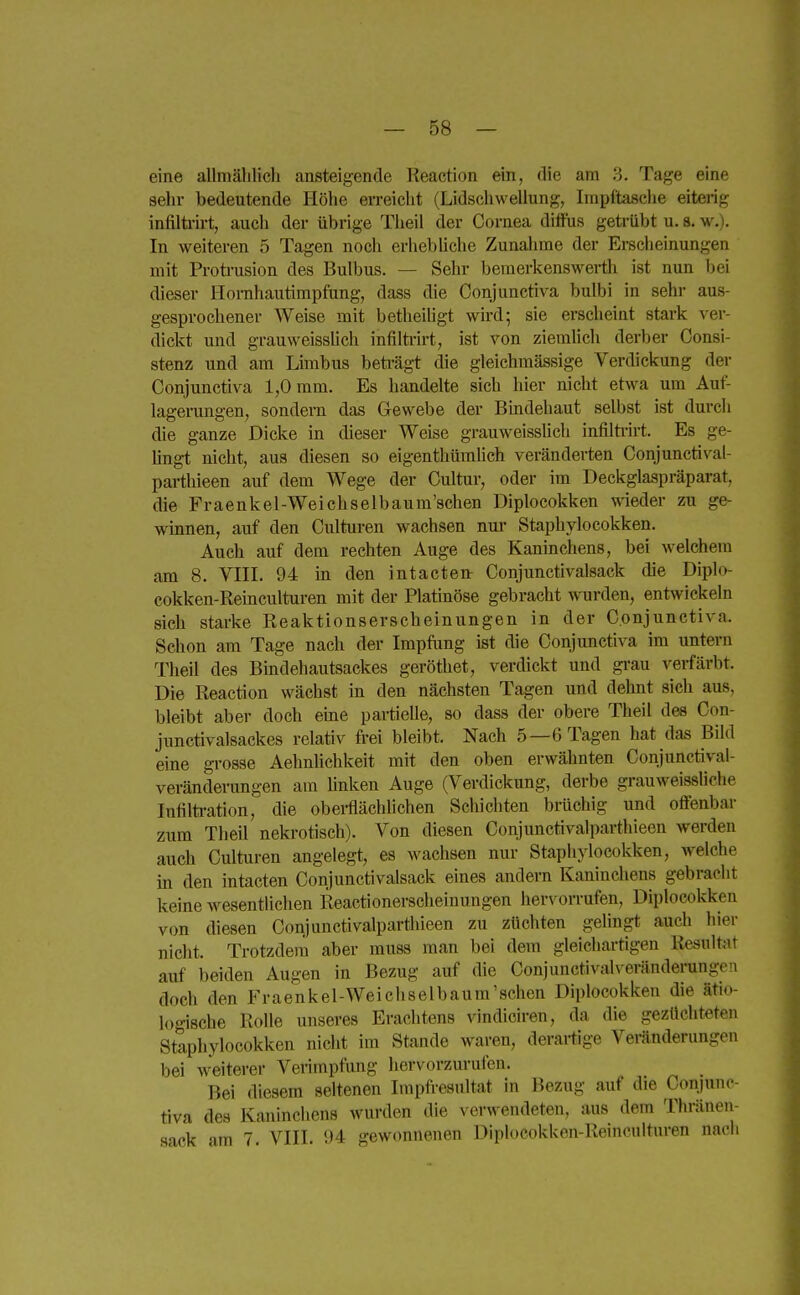 eine allmählich ansteigende Ileaction ein, die am 3. Tage eine sehr bedeutende Höhe erreicht (Lidschwellung, Impftasche eiterig infilti-irt, auch der übrige Tlieil der Cornea diffus getrübt u. s. w.). In weiteren 5 Tagen nocli erhebliche Zunahme der Erscheinungen mit Proti-usion des Bulbus. — Sehr bemerkenswei-th ist nun bei dieser Homhautimpfung, dass die Conjunctiva bulbi in sehr aus- gesprochener Weise mit betheiligt wird; sie erscheint stark ver- dickt und grauweissllch infiltrirt, ist von ziemlich derber Consi- stenz und am Limbus beträgt die gleichmässige Verdickung der Conjunctiva 1,0 mm. Es handelte sich hier nicht etwa um Auf- lagerungen, sondern das Gewebe der Bmdehaut selbst ist durch die ganze Dicke in dieser Weise grauweissllch infilti-irt. Es ge- lingt nicht, aus diesen so eigenthümhch veränderten Conjunctival- parthieen auf dem Wege der Cultur, oder im Deckglaapräparat, die Fraenkel-Weichselbaum'schen Diplocokken ^vieder zu ge- winnen, auf den Culturen wachsen nui- Staphylocokken. Auch auf dem rechten Auge des Kaninchens, bei welchem am 8. VIII. 94 in den intacten Conjunctivalsack die Diplo- cokken-Eeinculturen mit der Platinöse gebracht wurden, entwickeln sich starke Reaktionserscheinungen in der Conjunctiva. Schon am Tage nach der Impfung ist die Conjunctiva im untern Theil des Bindehautsackes geröthet, verdickt und gi-au verfärbt. Die Reaction wächst in den nächsten Tagen und dehnt sich aus, bleibt aber doch eme partielle, so dass der obere Theil des Con- junctivalsackes relativ frei bleibt. Nach 5—6 Tagen hat das Bild eine grosse Aehnlichkeit mit den oben erwähnten Conjunctival- veränderungen am linken Auge (Verdickung, derbe grauweissliche Infilfo-ation, die obei-flächhchen Schichten brüchig und offenbar zum Theil nekrotisch). Von diesen Conjunctivalparthieen werden auch Culturen angelegt, es wachsen nur Staphylocokken, welche m den intacten Conjunctivalsack eines andern Kaninchens gebracht keine wesentlichen Reactionerscheinungen hervorrufen, Diplocokken von diesen Conjunctivalparthieen zu züchten gelingt auch hier nicht. Trotzdem aber muss man bei dem gleichartigen Resultat auf beiden Augen in Bezug auf die Conjunctivaheränderungcu doch den Fraenkel-Weichselbaum'schen Diplocokken die ätio- logische Rolle unseres Erachtens vindiciren, da die gezüchteten Staphylocokken nicht im Stande waren, derai-fige Veränderungen bei weiterer Verimpfung hervorzurufen. Bei diesem seltenen Irapfresultat in Bezug auf die Conjunc- tiva des Kaninciicns wurden die verwendeten, aus dem Thränen- sack am 7. VIII. 94 gewonnenen Diplocokken-Remculturen nach