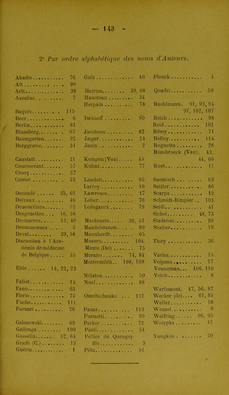 2° Par ordre alphabétique des noms d'Auteurs. Abadie 7G Alt 9(5 Arlt 38 Assalini. . 7 Baquis . . 115 Beer G Berlin 81 Blumberg. 07 Biiumgarten 92 Burggraeve 31 Canstalt 21 Coursserant 57 Crocq 37 Cunier. 32 Decoadé 35, 62 Delvaux 46 Deaonviliers 52 DesgeneUes.... 16, 58 Desmarres 33, 49 Desmonceaux 5 Deval 29, 58 Discussion à l'Aca- démie de médecine de Belgique 55 Eble 14, 22, 23 Fallot 15 Fano 63 Florio 25 Fuchs 111 Furnari 26 Galezowski 69 Gallenga 100 Gosselin 5Î, 64 Graifo (G.) 13 Guériu i Gulz 40 Plenck Uairion 39, 68 Hauoteau 34 Herpain 78 Iwauofr 8'0 Jacobson 82 Jaeger Janin Jaeger 24 Kempen(Van) 45 Kuhnt 77 Landolt 85 Larrey 10 Lawrence 17 Leber 70 Ledeganck 79 Mackenzie 30, 53 Mandelstamm 89 Maanhardt 65 Moauro 104 Monte (Del) 75 Morano 74, 84 Muttermilch.. 108, 109 Nôlaton 50 Nuel 88 Omeltschenko 112 Panas 113 Parisoiti 90 Parker 72 Paul! 54 Peilicr de Quengsy fds . 3 Pillz 51 Quadri 59 Raehlmann. 91, 93, 94 97. 102, 107 Reich 9 S Reid 101 Rémy 71 Ridley 114 Rognelta 28 Roosbroeck (Van). 43, 44, 60 Rust 11 Saemisch 83 Saltler 86 Scarpa 12 Schmidl-Rimpler .. 103 Seidl... 41 Sichel 48, 73 Stadermi 99 Slœber 19 Thiry 36 Variez 15 Velpeau 27 Venneman... 106, 110 Vetch 8 Warlomont. 47, 56, 87 Wecker (de).... 61,85 Weller 18 Wenzel 9 Wolfring 66, 95 Wotypka 42 Yungkcn 20