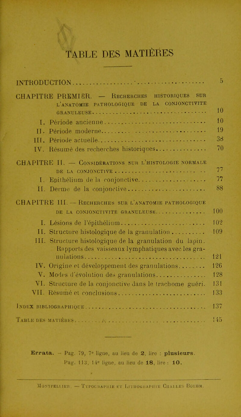 TABLE DES MATIÈRES INTRODUCTION • 5 CHAPITRE PREMIRR. — Recherches historiques sur l'anatomie pathologique de la conjonctivite granuleuse ^0 I. Période ancienne 10 II. Période moderne 19 III. Période actuelle 38 IV. Résumé des recheiches historiques 70 CHAPITRE II. — Considérations sur l'histologie normale DE LA CONJONCTIVE 7 ' I. Epiihélium de la ronjonclive 77 II. Derme de la conjonoLive 88 CHAPITRE III. — Recherches sur l'anatomie pathologique DE LA CONJONCTIVITE GRANULEUSK 100 I. Lésions de l'épilhélium 10? II. Structure histologique de la granulation 109 III. StrutUure histologique de la granulation du lapin. Rapports des vaisseaux lymphatiques avec les gra- nulations 121 IV. Origine et développement des granulations 126 V. Modes d'évolution de.s granulations 128 VI. Structure de la (onjonctivo dans le trachome guéri. 131 VII. Résuriié et conclusions 133 Index hibliographique 137 Table des matièrks ; !45 Errata. - Pag. 79, 7« ligue, au lieu de 2, lire : plusieurs, i^ug. Ilj, 14*^ ligiifi, an lieu de 18, lire: 10. .\lu^■|^EI.I iiiii —Typoc iiAi'iiiK i: r l,i i iiouiiaimi lu Chai.les Uolum.