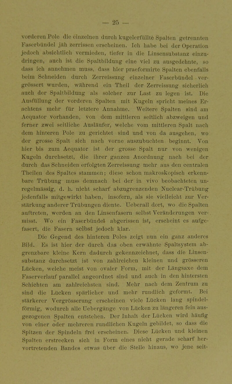 vorderen Pole die eiiiüeluen durch kugelerfüllte Spalten getrennten Fuserbündel jäh zerrissen erscheinen. Ich habe bei der Operation jedoch absichtlich vermieden, tiefer in die Linsensubstanz einzu- dringen, auch ist die Spaltbildung eine viel zu ausgedehnte, so dass ich annehmen muss, dass hier praeformirte Spalten ebenfalls beim Schneiden durch Zerreissung einzelner Faserbündel ver- grössert wurden, während ein Theil der Zerreissung sicherlich auch der Spaltbildung als solcher zur Last zu legen ist. Die Ausfüllung der vorderen Spalten mit Kugeln spricht meines Er- achtens mehr für letztere Annahme. Weitere Spalten sind am Aequator vorhanden, von dem mittleren seitlich abzweigen und ferner zwei seitliche Ausläufer, welche vom mittleren Spalt nach dem hinteren Pole zu gerichtet sind und von da ausgehen, wo der grosse Spalt sich nach vorne auszubuchten beginnt. Von hier bis zum Aequator ist der grosse Spalt nur von wenigen Kugeln durchsetzt, die ihrer ganzen Anordnung nach bei der durch das Schneiden erfolgten Zerreissung mehr aus den centralen Theilen des Spaltes stammen; diese schon makroskopisch erkenn- bare Trübung muss demnach bei der in vivo beobachteten uu- regelmässig, d. h. nicht scharf abzugrenzenden Nuclear-Trübung jedenfalls mitgewirkt haben, insofern, als sie vielleicht zur Ver- stärkung anderer Trübungen diente. Ueberall dort, wo die Spalten auftreten, werden an den Linsenfasern selbst Veränderungen ver- misst. Wo ein Faserbündel abgerissen ist, erscheint es aufge- fasert, die Fasern selbst jedoch klar. Die Gegend des hinteren Poles zeigt nun ein ganz anderes Bild. Es ist hier der durch das oben erwähnte Spaltsystem ab- grenzbare kleine Kern dadurch gekennzeichnet, dass die Linsen- substanz durchsetzt ist von zahlreichen kleinen und grösseren Lücken, welche meist von ovaler Form, mit der Längsaxe dem P'aserverlauf parallel angeordnet sind und auch in den hintersten Schichten am zahlreichsten sind. Mehr nach dem Zentrum zu sind die Lücken spärlicher und mehr rundlich geformt. Bei stärkerer Vergrösserung erscheinen viele Lücken lang spindel- förmig, wodurch alle Uebergänge von Lücken zu längeren fein aus- gezogenen Spalten entstehen. Der Inhalt der Lücken wird häufig von einer oder mehreren rundlichen Kugeln gebildet, so dass die Spitzen der Spindeln frei erscheinen. Diese Lücken und kleinen Spalten erstrecken sich in Form eines nicht gerade scharf her- vortretenden Bandes etwas über die Stelle hinaus, wo jene seit-