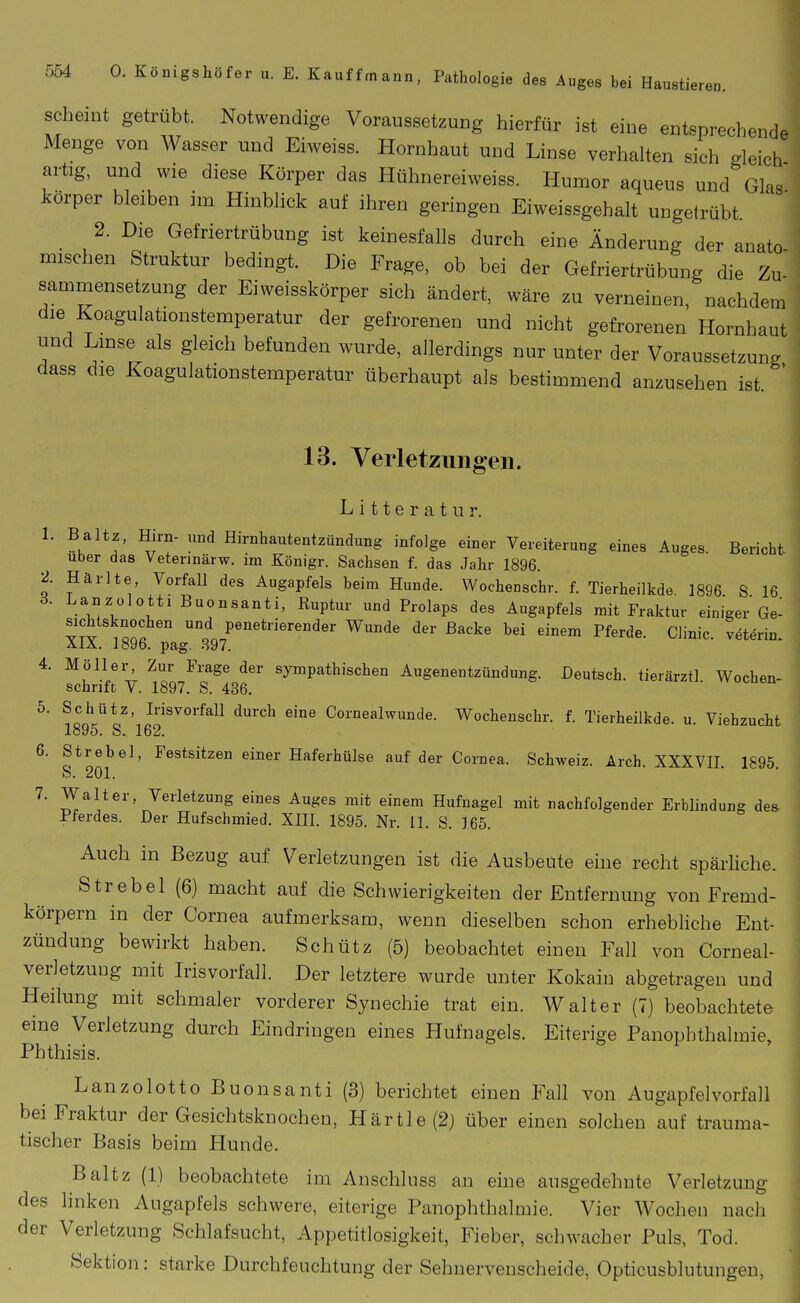 scheint getrübt. Notwendige Voraussetzung hierfür ist eine entsprechende Menge von Wasser und Eiweiss. Hornhaut und Linse verhalten sich gleich artig, und wie diese Körper das Hühnereiweiss. Humor aqueus und Glas körper bleiben im Hinblick auf ihren geringen Eiweissgehalt ungetrübt. 2. Die Gefriertrübung ist keinesfalls durch eine Änderung der anato mischen Struktur bedingt. Die Frage, ob bei der Gefriertrübung die Zu sammensetzung der Eiweisskörper sich ändert, wäre zu verneinen, nachdem die Koagulationstemperatur der gefrorenen und nicht gefrorenen Hornhaut und Lmse als gleich befunden wurde, allerdings nur unter der Voraussetzung dass die Koagulationstemperatur überhaupt als bestimmend anzusehen ist 13. Verletzungen. Litterat ur. 1. Baltz, Hirn- und Hirnhautentzündung infolge einer Vereiterung eines Auges. Bericht Uber das Veterinärw. im Königr. Sachsen f. das Jahr 1896. 2. Härlte, Vorfall des Augapfels beim Hunde. Wochenschr. f. Tierheilkde 1896 S 16 d. LanzoIottiBuonsanti, Ruptur und Prolaps des Augapfels mit Fraktur einiger Ge- sichtsknochen und penetrierender Wunde der Backe bei einem Pferde. Clinic. veterin. ÄlA. 1896. pag. 897. 4. Möller, Zur Frage der sympathischen Augenentzündung. Deutsch, tierärztl Wochen- schrift V. 1897. S. 436. 5. Schütz, Irisvorfall durch eine Cornealwunde. Wochenschr. f. Tierheilkde. u. Viehzucht 1895. S. 162. 6. Strebe], Festsitzen einer Haferhülse auf der Cornea. Schweiz. Arch. XXXVII. 1895. S. 201. 7. Walter, Verletzung eines Auges mit einem Hufnagel mit nachfolgender Erblindung des Pferdes. Der Hufschmied. Xlll. 1895. Nr. II. S. 165. Auch in Bezug auf Verletzungen ist die Ausbeute eine recht spärhche. Strebel (6) macht auf die Schwierigkeiten der Entfernung von Fremd- körpern in der Cornea aufmerksam, wenn dieselben schon erhebhche Ent- zündung bewirkt haben. Schütz (5) beobachtet einen Fall von Corneal- verletzung mit Irisvorfall. Der letztere wurde unter Kokain abgetragen und Heilung mit schmaler vorderer Synechie trat ein. Walter (7) beobachtete eine Verletzung durch Eindringen eines Hufnagels. Eiterige Panophthalmie, Phthisis. Lanzolotto Buonsanti (3) berichtet einen Fall von Augapfelvorfall bei Fraktur der Gesichtsknochen, Härtle(2) über einen solchen auf trauma- tischer Basis beim Hunde. Baltz (1) beobachtete im Anschluss an eine ausgedehnte Verletzung des linken Augapfels schwere, eiterige Panophthalmie. Vier AVochen nach der Verletzung Schlafsucht, Appetitlosigkeit, Fieber, schwacher Puls, Tod. Sektion: starke Durchfeuchtung der Sehnervenscheide, Opticusblutungen,