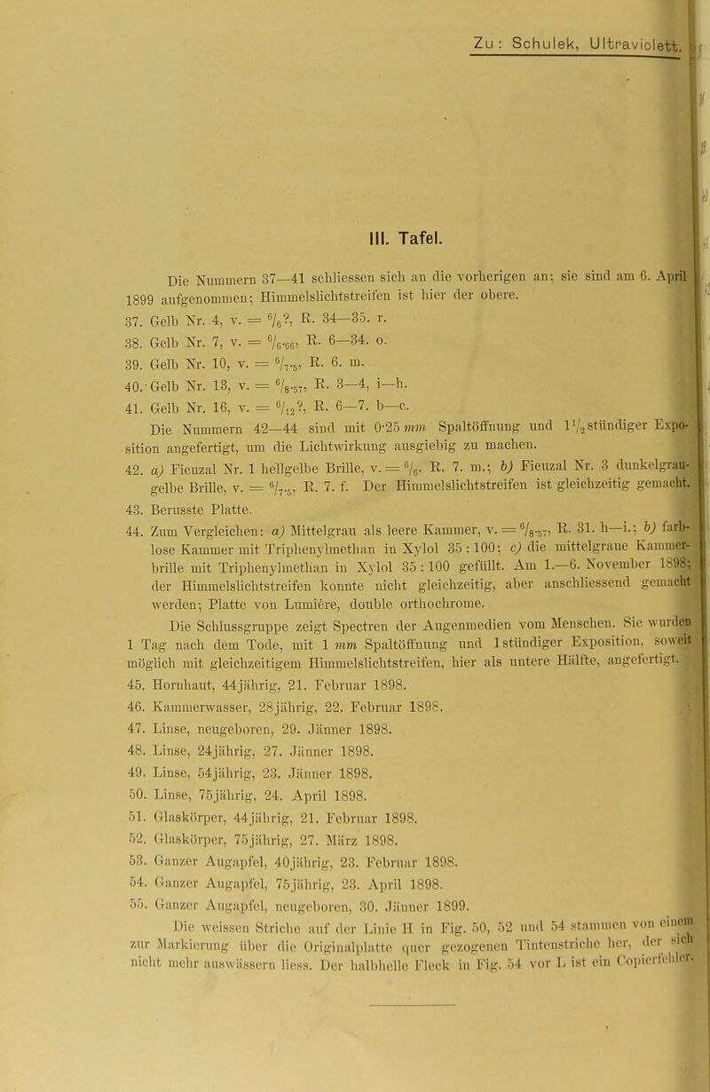 III. Tafel. Die Nummern 37—41 schliessen sich an die vorherigen an; sie sind am 6. Apri' 1899 aufgenommen; Himmelslichtstreifen ist hier der obere. 37. Gelb Nr. 4, v. = %?, EL 34-35. r. 38. Gelb Nr. 7, v. = 6/0.00, ß. 6—34. o. 39. Gelb Nr. 10, v. = 6/7.5, ß. 6. m. 40. 'Gelb Nr. 13, v. = 6/8.57, ß. 3-4, i-h. 41. Gelb Nr. 16, v. = °/12?, ß. 6-7. b-c. Die Nummern 42—44 sind mit 0-25 mm Spaltöffnung und l'/2 stündiger Expo- sition angefertigt, um die Lichtwirkung ausgiebig zu machen. 42. a) Fieuzal Nr. 1 hellgelbe Brille, v. = 6/„> ß. 7. m.; b) Fieuzal Nr. 3 dunkelgrau- gelbe Brille, v. = 6/7.5, ß. 7. f. Der Himmelslichtstreifen ist gleichzeitig gemacht 43. Berusste Platte. 44. Zum Vergleichen: a) Mittelgrau als leere Kammer, v. = 6/8.57, ß- 31. h—i.: b) farb- lose Kämmer mit Triphenylmeth an in Xylol 35:100; c) die mittelgraue Kammer- brille mit Triphenylmethan in Xylol 35 :100 gefüllt. Am 1.—6. November 1698; der Hinimelslichtstreifen konnte nicht gleichzeitig, aber anschliessend gemacht werden; Platte von Luniiere, double orthochrome. Die Schlussgruppe zeigt Spectren der Augenmedien vom Menschen. Sie wurden 1 Tag nach dem Tode, mit 1mm Spaltöffnung und 1 stündiger Exposition, soweit möglich mit gleichzeitigem Himmelslichtstreifen, hier als untere Hälfte, angefertigt! 45. Hornhaut, 44jiihrig, 21. Februar 1898. 46. Kammerwasser, 28jährig, 22. Februar 1898. 47. Linse, neugeboren, 29. Jänner 1898. 48. Linse, 24jährig, 27. Jänner 1898. 49. Linse, 54jährig, 23. Jänner 1898. 50. Linse, 75jährig, 24. April 1898. 51. Glaskörper, 44jährig, 21. Februar 1898. 52. Glaskörper, 75jährig, 27. März 1898. 53. Ganzer Augapfel, 40jährig, 23. Februar 1898. 54. Ganzer Augar/fel, 75jährig, 23. April 1898. 55. Ganzer Augapfel, neugeboren, 30. Jänner 1899. Die weissen Striche auf der Linie H in Fig. 50, 52 und 54 stammen von einem zur Markierung über die Originalplatte quer gezogenen Tintenstriche her, der sich nicht mehr auswässern liess. Der halbhelle Fleck in Fig. 54 vor L ist ein Cnpiertehler.