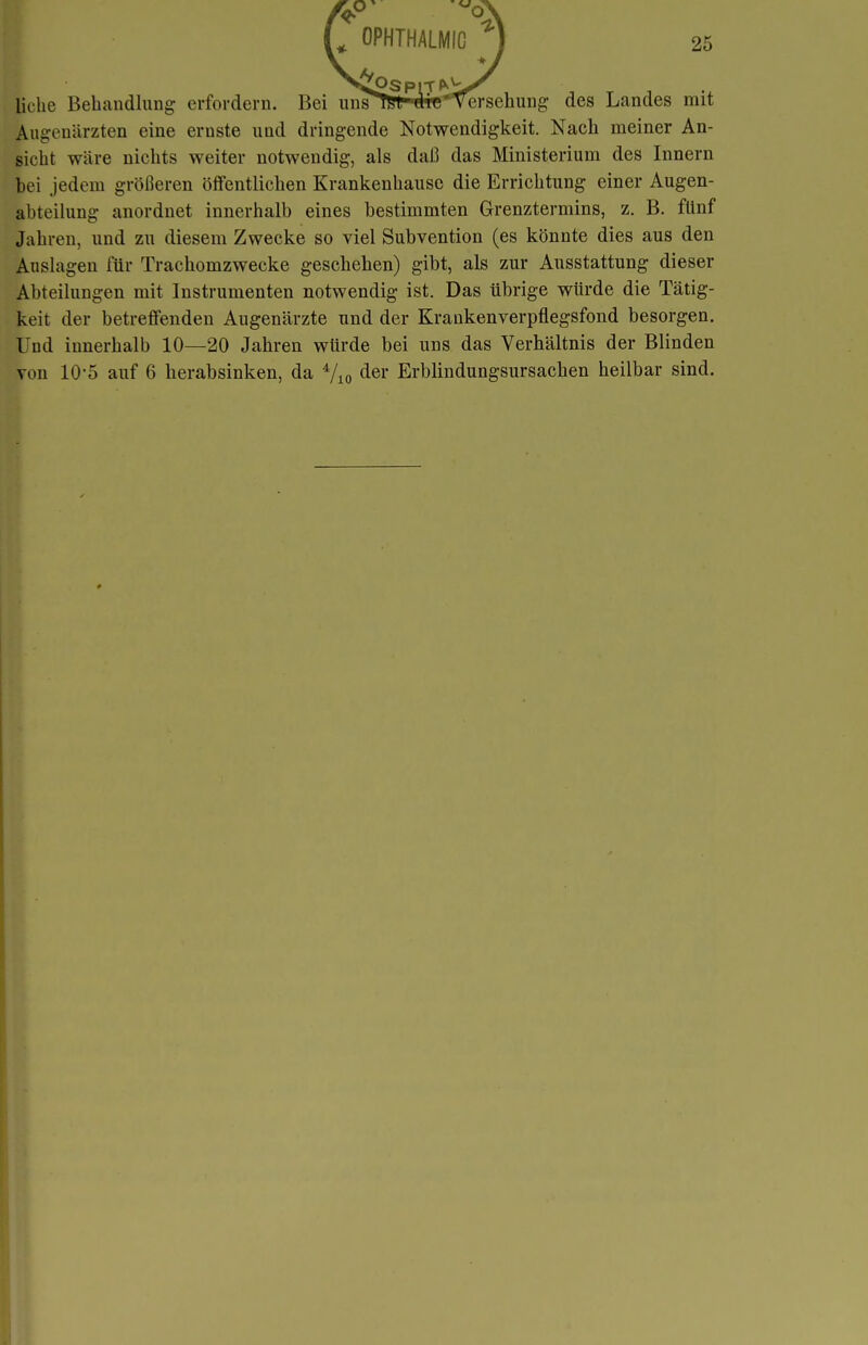 liehe Behandlung erfordern. Bei uns ersehung des Landes mit Augenärzten eine ernste uud dringende Notwendigkeit. Nacli meiner An- sicht wäre nichts weiter notwendig, als daß das Ministerium des Innern bei jedem größeren öffentlichen Krankenhause die Errichtung einer Augen- abteilung anordnet innerhalb eines bestimmten Grenztermins, z. B. fllnf Jahren, und zu diesem Zwecke so viel Subvention (es könnte dies aus den Auslagen für Trachomzwecke gescbeben) gibt, als zur Ausstattung dieser Abteilungen mit Instrumenten notwendig ist. Das übrige würde die Tätig- keit der betreffenden Augenärzte und der Krankenverpflegsfond besorgen. Und innerhalb 10—20 Jahren würde bei uns das Verhältnis der Blinden von 10-5 auf 6 herabsinken, da Vio Erblindungsursachen heilbar sind.