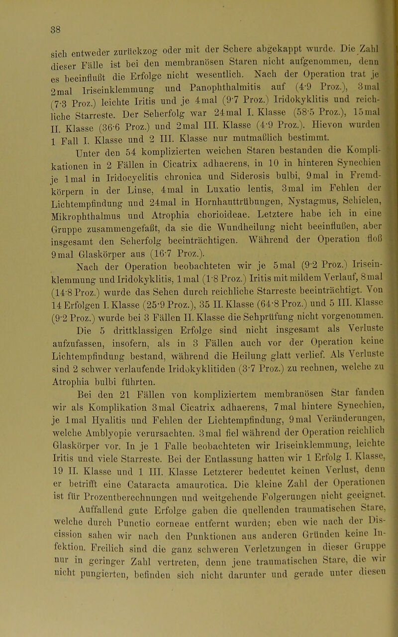 sich entweder zurückzog oder mit der Schere abgekappt wurde. Die Zahl dieser Fälle ist bei den membranösen Staren nicht aufgenommeu, denn es beeinflußt die Erfolge nicht wesentlich. Nach der Operation trat je 2mal Iriseinklemmung und PanOphthalmitis auf (4-9 Proz.), 3 mal (7-3 Proz.) leichte Iritis und je 4mal (9 7 Proz.) Iridokyklitis und reich- liche Starreste. Der Seherfolg war 24 mal I. Klasse (58 5 Proz.), 15 mal II. Klasse (86-6 Proz.) und 2 mal III. Klasse (4-9 Proz.). Hievon wurden 1 Fall I. Klasse und 2 III. Klasse nur mutmaßlich bestimmt. Unter den 54 komplizierten weichen Staren bestanden die Kompli- kationen in 2 Fällen in Cicatrix adhaerens, in 10 in hinteren Synechien je Imal in Iridocyclitis chronica und Siderosis bulbi, 9mal in Fremd- körpern in der Linse, 4mal in Luxatio lentis, 3mal im Fehlen der Lichtempfindung und 24mal in Hornhauttrübungen, Nystagmus, Schielen, Mikrophthalmus und Atrophia chorioideae. Letztere habe ich in eine Gruppe zusammengefaßt, da sie die Wundheilung nicht beeinflußen, aber insgesamt den Seherfolg beeinträchtigen. Während der Operation floß 9 mal Glaskörper aus (16-7 Proz.). Nach der Operation beobachteten wir je 5 mal (9-2 Proz.) Irisein- klemmung und Iridokyklitis, Imal (l'SProz.) Iritis mit mildem Verlauf, 8 mal (14-8 Proz.) wurde das Sehen durch reichliche Starreste beeinträchtigt. Von 14 Erfolgen I. Klasse (25-9 Proz.), 35 IL Klasse (64-8 Proz.) und 5 IIL Klasse (9-2 Proz.) wurde bei 3 Fällen II. Klasse die Sehprüfung nicht vorgenommen. Die 5 drittklassigen Erfolge sind nicht insgesamt als Verluste aufzufassen, insofern, als in 3 Fällen auch vor der Operation keine Lichtempfindung bestand, während die Heilung glatt verlief. Als Verluste sind 2 schwer verlaufende Iridokyklitiden (3-7 Proz.) zu rechnen, welche zu Atrophia bulbi führten. Bei den 21 Fällen von kompliziertem membranösen Star fanden wir als Komplikation 3 mal Cicatrix adhaerens, 7 mal hintere Synechien, je Imal Hyalitis und Fehlen der Lichtempfindung, 9mal Veränderungen, welche Amblyopie verursachten. 3mal fiel während der Operation reichlich Glaskörper vor. In je 1 Falle beobachteten wir Iriseinklemnnmg, leichte Iritis und viele Starreste. Bei der Entlassung hatten wir 1 Erfolg I. Klasse, 19 IL Klasse und 1 III. Klasse Letzterer bedeutet keinen Verlust, denn er betriff't eine Cataracta amaurotica. Die kleine Zahl der Operationen ist für Prozentberechnungen und weitgehende Folgerungen nicht geeignet. Auffallend gute Erfolge gaben die quellenden traumatischen Stare, welche durch Punctio corneae entfernt wurden; eben wie nach der Dis- cission sahen wir nach den Punktionen aus anderen Gründen keine In- fektion. Freilich sind die ganz schweren Verletzungen in dieser Gruppe nur in geringer Zahl vertreten, denn jene traumatischen Stare, die wir nicht pungiertcn, befinden sich nicht darunter und gerade unter diesen