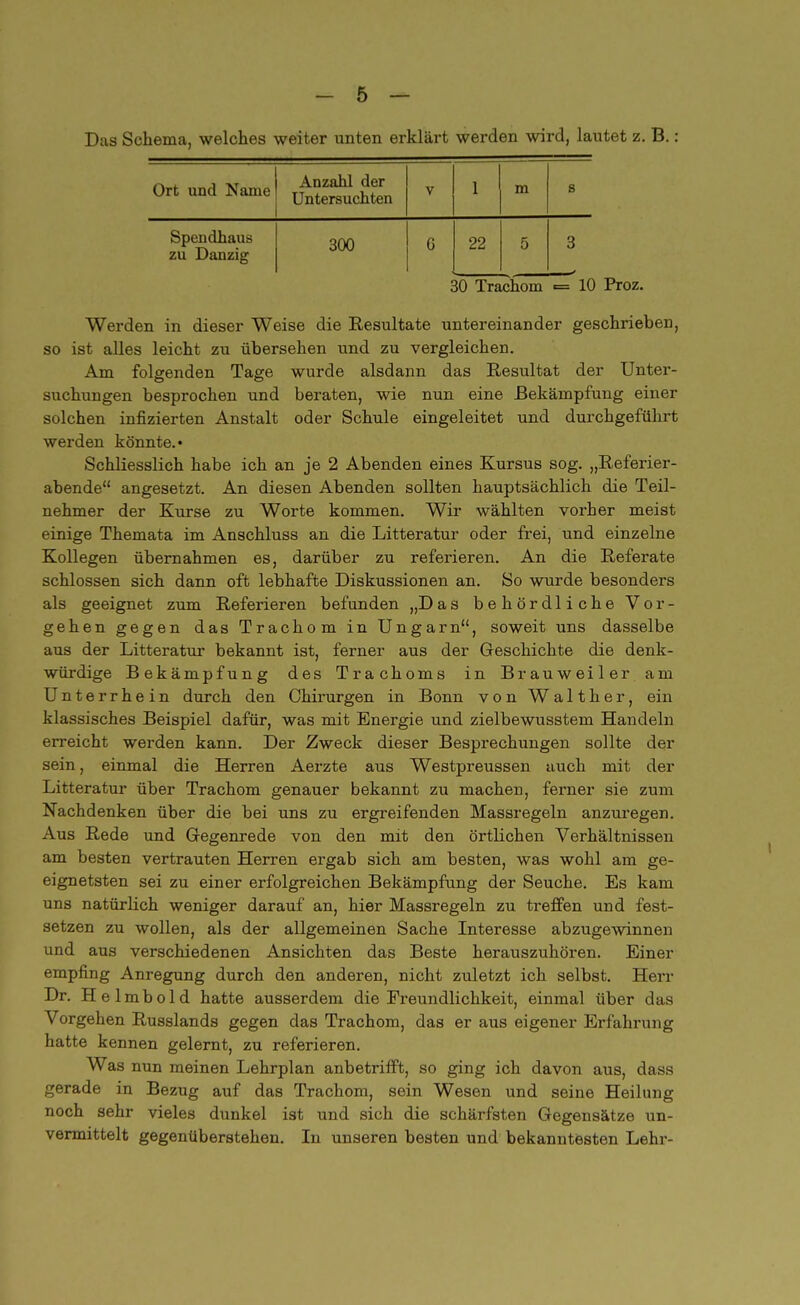 Das Schema, welches weiter unten erklärt werden wird, lautet z. B.: Ort und Name Anzahl der Untersuchten V 1 m s Spendhaus zu Danzig 300 6 22 5 3 30 Trachom = 10 Proz. Werden in dieser Weise die Resultate untereinander geschrieben, so ist alles leicht zu übersehen und zu vergleichen. Am folgenden Tage wurde alsdann das Resultat der Unter- suchungen besprochen und beraten, wie nun eine Bekämpfung einer solchen infizierten Anstalt oder Schule eingeleitet und durchgeführt werden könnte.« Schliesslich habe ich an je 2 Abenden eines Kursus sog. „Referier- abende angesetzt. An diesen Abenden sollten hauptsächlich die Teil- nehmer der Kurse zu Worte kommen. Wir wählten vorher meist einige Themata im Anschluss an die Litteratur oder frei, und einzelne Kollegen übernahmen es, darüber zu referieren. An die Referate schlössen sich dann oft lebhafte Diskussionen an. So wurde besonders als geeignet zum Referieren befunden „Das behördliche Vor- gehen gegen das Trachom in Ungarn, soweit uns dasselbe aus der Litteratur bekannt ist, ferner aus der Geschichte die denk- würdige Bekämpfung des Trachoms in Brauweiler am Unterrhein durch den Chirurgen in Bonn von Walther, ein klassisches Beispiel dafür, was mit Energie und zielbewusstem Handeln erreicht werden kann. Der Zweck dieser Besprechungen sollte der sein, einmal die Herren Aerzte aus Westpreussen auch mit der Litteratur über Trachom genauer bekannt zu machen, ferner sie zum Nachdenken über die bei uns zu ergreifenden Massregeln anzuregen. Aus Rede und Gegenrede von den mit den örtlichen Verhältnissen am besten vertrauten Herren ergab sich am besten, was wohl am ge- eignetsten sei zu einer erfolgreichen Bekämpfung der Seuche. Es kam uns natürlich weniger darauf an, hier Massregeln zu treffen und fest- setzen zu wollen, als der allgemeinen Sache Interesse abzugewinnen und aus verschiedenen Ansichten das Beste herauszuhören. Einer empfing Anregung durch den anderen, nicht zuletzt ich selbst. Herr Dr. Helmbold hatte ausserdem die Freundlichkeit, einmal über das Vorgehen Russlands gegen das Trachom, das er aus eigener Erfahrung hatte kennen gelernt, zu referieren. Was nun meinen Lehrplan anbetrifft, so ging ich davon aus, dass gerade in Bezug auf das Trachom, sein Wesen und seine Heilung noch sehr vieles dunkel ist und sich die schärfsten Gegensätze un- vermittelt gegenüberstehen. In unseren besten und bekanntesten Lehr-