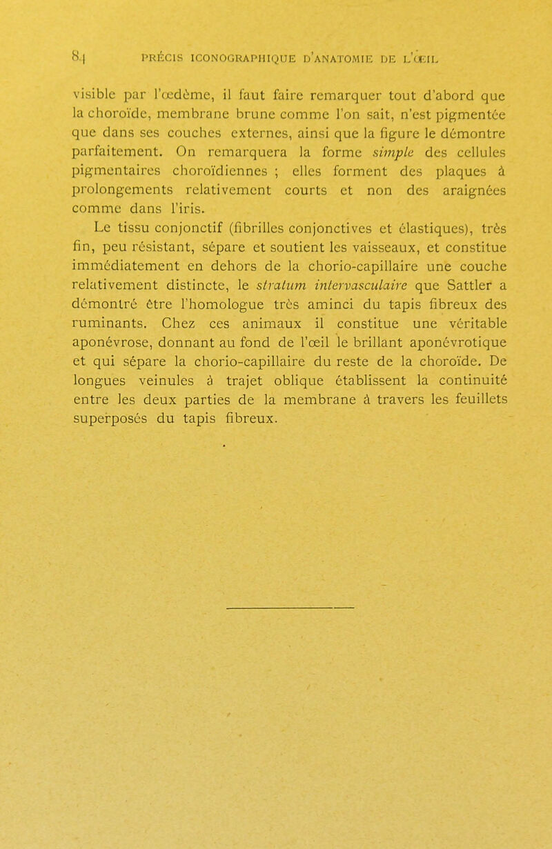 visible par l'œdème, il faut faire remarquer tout d'abord que la choroïde, membrane brune comme l'on sait, n'est pigmentée que dans ses couches externes, ainsi que la figure le démontre parfaitement. On remarquera la forme simple des cellules pigmentaires choroïdiennes ; elles forment des plaques à prolongements relativement courts et non des araignées comme dans l'iris. Le tissu conjonctif (fibrilles conjonctives et élastiques), très fin, peu résistant, sépare et soutient les vaisseaux, et constitue immédiatement en dehors de la chorio-capillaire une couche relativement distincte, le stralum intervasculairc que Sattler a démontré être l'homologue très aminci du tapis fibreux des ruminants. Chez ces animaux il constitue une véritable aponévrose, donnant au fond de l'œil le brillant aponévrotique et qui sépare la chorio-capillaire du reste de la choroïde. De longues veinules à trajet oblique établissent la continuité entre les deux parties de la membrane à travers les feuillets superposés du tapis fibreux.