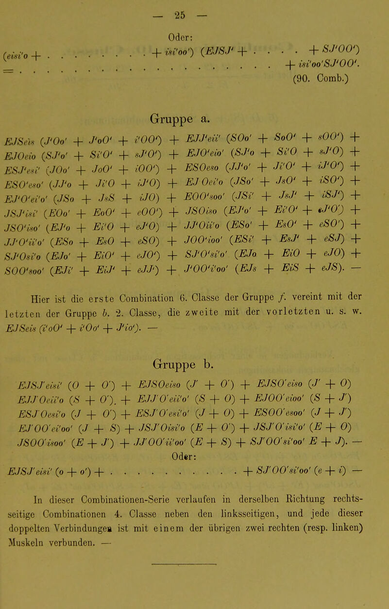 Oder: + isi'oo') (EJSJ' -f .... 4 SJ'OO') 4- isi'oo'SJ'OO'. Gruppe a. EJSeia (J'Oo' + J'oO' + i'OO') + EJJ'eii' (SOo' + SoO' + sOO') + EJOeio (SJ'o' + Si'O' + sJ'O') + EJO'eio' (SJ'o + Si'O + sJ'O) + JSSJW (JOo' + JoO' + »OO*) 4- ESOem (JJ'o' + Ji'O' + WO') + ESO'eao' {JJ'o + Ji'O 4- /V/'O) + EJOei'o (JSo' + J«0' + iSO') + EJ'O'ei'o' (JSo + JaS 4- i/O) + #OOW (JSi' + + *'&/') + JSJ'isi1 (EOo' 4- i<?oO' + eOO') + JSOäo (Ä/'o' + Ei'O' + *7'0'j + JSO'üo' (EJ'o 4 ift'O 4- eJ'O) + JJW'o (^So' + EsO' + «SO') + JJ'O'iV'o' (ESo + ^0 + eSO) + JOO'ioo' (ESi' + #*J' + eSJ) + &/'0«*'e> (Ä/o' 4- EiO' + eJOO + SJ'O'si'o' (EJo 4- JS^O 4~ eJ0) + S00W (JSy»' + EU' + eJJ') + J'OO'i'oo' (EJs + JftS + a/S). — Hier ist die erste Combination 6. Classe der Gruppe /. vereint mit der letzten der Gruppe b. 2. Classe, die zweite mit der vorletzten u. s. w. EJSeis (i'oO' + i'Oo' + J'io'). — Gruppe b. EJSJ'eisi' (0 + 0') + EJSOeiso (J' + 0') + EJSO'eiso (J' + 0) EJJOeii'o (S + 0'). + EJJ'O'eii'o' (S + 0) + EJOO'eioo' (S + J') ESJOesi'o (J 4- 0') 4- ESJ'O'esi'o' (J + 0) + ESOO'esoo' (J + J) EJOO'ei'oo' (J 4- S) 4- JSJ'Oisi'o (E + 0') + JSJ'O'isi'o' (E + 0) JSOO'üoo' (E 4- J') 4- JJ'OO'ii'oo' (E + S) + SJ'OO'si'oo' E + J).— Oder: fi/S/wj'(o + o')+ + SJ'OO'si'oo' (e 4- o — In dieser Combinationen-Serie verlaufen in derselben Richtung rechts- seitige Combinationen 4. Classe neben den linksseitigen, und jede dieser doppelten Verbindungea ist mit einem der übrigen zwei rechten (resp. linken) Muskeln verbunden. — (eisi'o 4-