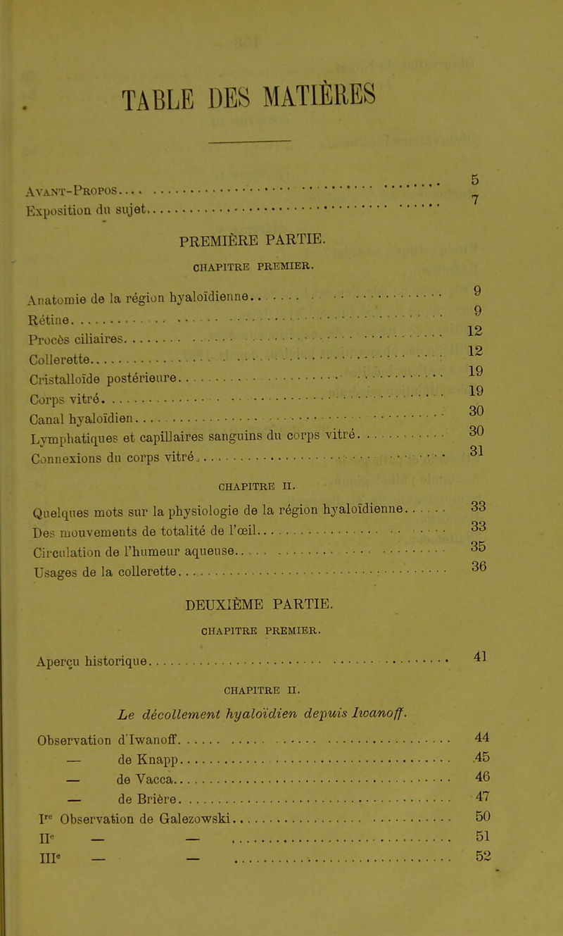 TABLE DES MATIÈRES 5 Avant-Propos Exposition du sujet PREMIÈRE PARTIE. CHAPITRE PREMIER. \natomie de la région hyaloïdienne 9 Rétine 12 Procès cmaires 12 Collerette : Cristalloïde postérieure 19 19 Corps vitré 30 Canal hyaloïdien • Lymphatiques et capillaires sanguins du corps vitré 30 Connexions du corps vitrée • • 31 CHAPITRE II. Quelques mots sur la physiologie de la région hyaloïdienne 33 Des mouvements de totalité de l'œil > 33 Circulation de l'humeur aqueuse 35 Usages de la collerette : 36 DEUXIÈME PARTIE. CHAPITRE PREMIER. Aperçu historique 41 CHAPITRE II. Le décollement hyaloïdien depuis hoanoff. Observation d'Iwanoff 44 — de Knapp 45 — de Vacca 46 — deBrière 47 I Observation de Galezowski 50 ne — —•■ 5i IIIe - - 52