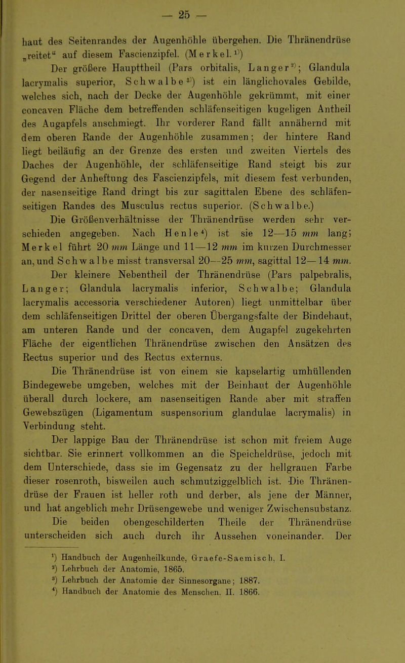 haut des Seitenrandes der Augenhöhle übergehen. Die Thränendrüse „reitet auf diesem Fascienzipfel. (Merkel.^) Der größere Haupttheil (Pars orbitalis, Langer2'; Glandula lacrymalis superior, Schwalbes)) ist ein länglichovales Gebilde, welches sich, nach der Decke der Augenhöhle gekrümmt, mit einer concaven Fläche dem betreffenden schUifenseitigen kugeligen Antheil des Augapfels anschmiegt. Ihr vorderer Rand fällt annähernd mit dem oberen Rande der Augenhöhle zusammen; der hintere Rand liegt beiläufig an der Grenze des ersten und zweiten Viertels des Daches der Augenhöhle, der schläfenseitige Rand steigt bis zur Gegend der Anheftung des Fascienzipfels, mit diesem fest verbunden, der nasenseitige Rand dringt bis zur sagittalen Ebene des schläfen- seitigen Randes des Musculus rectus superior. (Schwalbe.) Die Größenverhältnisse der Thränendrüse werden sehr ver- schieden angegeben. Nach Henle4) ist sie 12—15 mm lang; Merkel führt 20 mm Länge und 11 —12 mm im kurzen Durchmesser an.und Schwalbe misst transversal 20—25 mm, sagittal 12—14 mm. Der kleinere Nebentheil der Thränendrüse (Pars palpebralis, Langer; Glandula lacrymalis inferior, Schwalbe; Glandula lacrynialis accessoria verschiedener Autoren) liegt unmittelbar über dem schläfenseitigen Drittel der oberen Übergangsfalte der Bindehaut, am unteren Rande und der concaven, dem Augapfel zugekehrten Fläche der eigentlichen Thränendrüse zwischen den Ansätzen des Rectus superior und des Rectus externus. Die Thränendrüse ist von einem sie kapselartig umhüllenden Bindegewebe umgeben, welches mit der Beinhaut der Augenhöhle überall durch lockere, am nasenseitigen Rande aber mit straffen Gewebszügen (Ligamentum Suspensorium glandulae lacrymalis) in Verbindung steht. Der lappige Bau der Thränendrüse ist schon mit freiem Auge sichtbar. Sie erinnert vollkommen an die Speicheldrüse, jedoch mit dem Unterschiede, dass sie im Gegensatz zu der hellgrauen Farbe dieser rosenroth, bisweilen auch schmutziggelblich ist. Die Thränen- drüse der Frauen ist heller roth und derber, als jene der Männer, und hat angeblich mehr Drüsengewebe und weniger Zwischensubstanz. Die beiden obengeschilderten Theile der Thränendrüse unterscheiden sich auch durch ihr Aussehen voneinander. Der ') Handbuch der Augenheilkunde, Graefe-Saemisch. I. ') Lehrbuch der Anatomie, 1865. 3) Lehrbuch der Anatomie der Sinnesorgane; 1887. *) Handbuch der Anatomie des Menschen. II. 1866.
