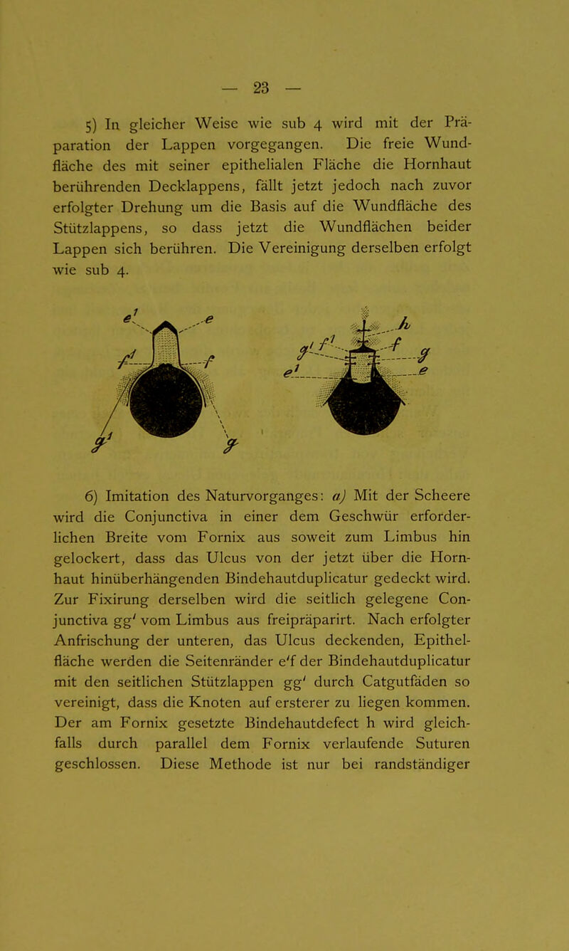 5) In gleicher Weise wie sub 4 wird mit der Prä- paration der Lappen vorgegangen. Die freie Wund- fläche des mit seiner epithelialen Fläche die Hornhaut berührenden Decklappens, fällt jetzt jedoch nach zuvor erfolgter Drehung um die Basis auf die Wundfläche des Stützlappens, so dass jetzt die Wundflächen beider Lappen sich berühren. Die Vereinigung derselben erfolgt wie sub 4. 6) Imitation des Naturvorganges: a) Mit der Scheere wird die Conjunctiva in einer dem Geschwür erforder- lichen Breite vom Fornix aus soweit zum Limbus hin gelockert, dass das Ulcus von der jetzt über die Horn- haut hinüberhängenden Bindehautduplicatur gedeckt wird. Zur Fixirung derselben wird die seitlich gelegene Con- junctiva gg' vom Limbus aus freipräparirt. Nach erfolgter Anfrischung der unteren, das Ulcus deckenden, Epithel- fläche werden die Seitenränder e'f der Bindehautduplicatur mit den seitlichen Stützlappen gg' durch Catgutfäden so vereinigt, dass die Knoten auf ersterer zu liegen kommen. Der am Fornix gesetzte Bindehautdefect h wird gleich- falls durch parallel dem Fornix verlaufende Suturen geschlossen. Diese Methode ist nur bei randständiger