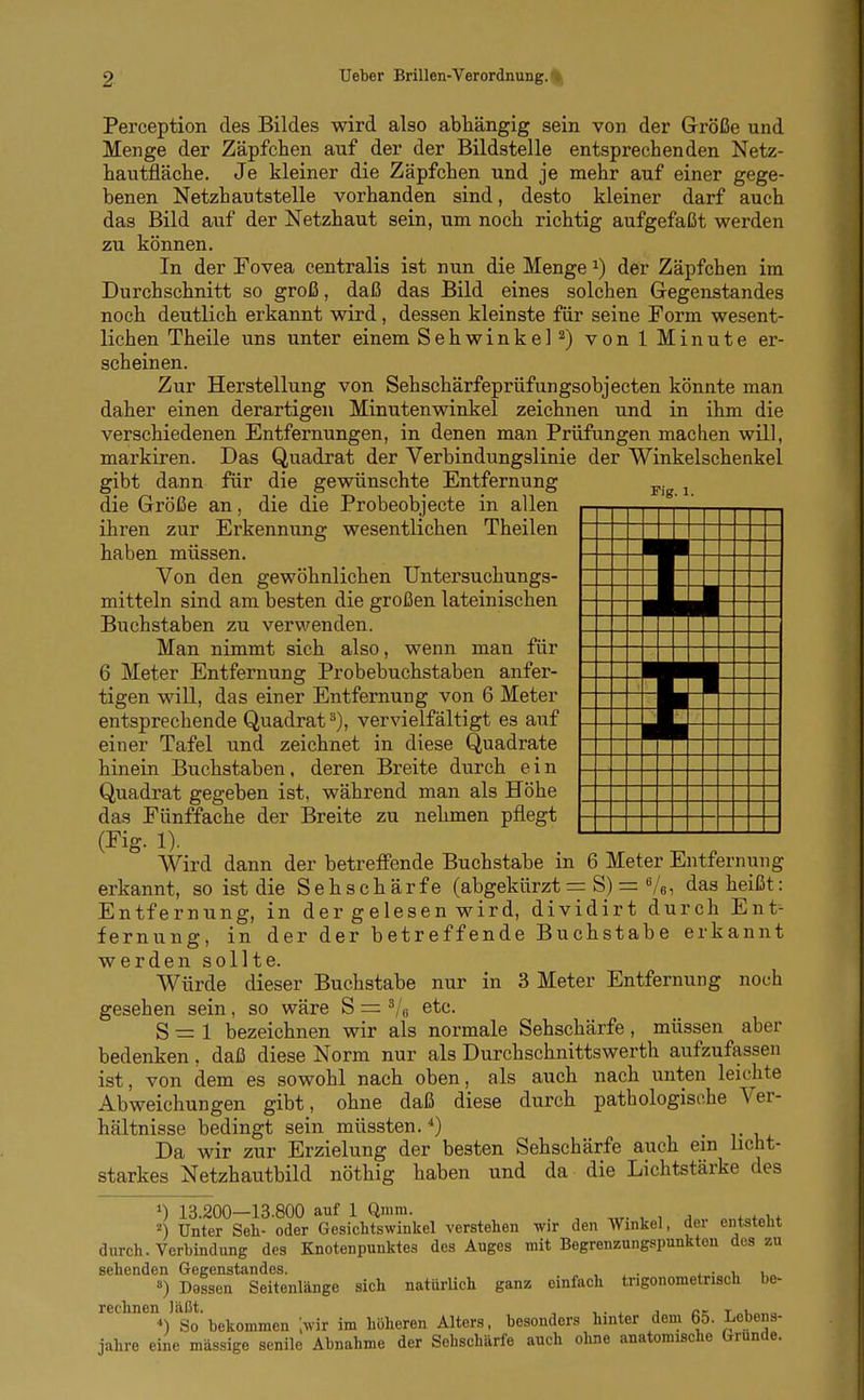 Fig. 1. Ii Perception des Bildes wird also abhängig sein von der Größe und Menge der Zäpfchen auf der der Bildstelle entsprechenden Netz- hautfläche. Je kleiner die Zäpfchen und je mehr auf einer gege- benen Netzhautstelle vorhanden sind, desto kleiner darf auch das Bild auf der Netzhaut sein, um noch richtig aufgefaßt werden zu können. In der Fovea centralis ist nun die Menge ^) der Zäpfchen im Durchschnitt so groß, daß das Bild eines solchen Gegenstandes noch deutlich erkannt wird, dessen kleinste für seine Form wesent- lichen Theile uns unter einem Sehwinkel 2) von 1 Minute er- scheinen. Zur Herstellung von Sehschärfeprüfungsobjecten könnte man daher einen derartigen Minutenwinkel zeichnen und in ihm die verschiedenen Entfernungen, in denen man Prüfungen machen will, markiren. Das Quadrat der Verbindungslinie der Winkelschenkel gibt dann für die gewünschte Entfernung die Größe an, die die Probeobjecte in allen ihren zur Erkennung wesentlichen Theilen haben müssen. Von den gewöhnlichen Untersuchungs- mitteln sind am besten die großen lateinischen Buchstaben zu verwenden. Man nimmt sich also, wenn man für 6 Meter Entfernung Probebuchstaben anfer- tigen will, das einer Entfernung von 6 Meter entsprechende Quadratvervielfältigt es auf einer Tafel und zeichnet in diese Quadrate hinein Buchstaben, deren Breite durch ein Quadrat gegeben ist, während man als Höhe das Fünffache der Breite zu nehmen pflegt (Kg. 1). Wird dann der betreffende Buchstabe in 6 Meter Entfernung erkannt, so ist die Sehschärfe (abgekürzt = S) = Ve, das heißt: Entfernung, in der g elesen wird, dividirt durch Ent- fernung, in der der betreffende Buchstabe erkannt werden sollte. Würde dieser Buchstabe nur in 3 Meter Entfernung noch gesehen sein, so wäre S = ^'o etc. S = 1 bezeichnen wir als normale Sehschärfe, müssen aber bedenken , daß diese Norm nur als Durchschnittswerth aufzufassen ist, von dem es sowohl nach oben, als auch nach unten leichte Abweichungen gibt, ohne daß diese durch pathologische Ver- hältnisse bedingt sein müssten. , Da wir zur Erzielung der besten Sehschärfe auch ein licht- starkes Netzhautbild nöthig haben und da die Lichtstärke des 13.200—13.800 auf 1 Quirn. 2) Unter Seh- oder Gesichtswinkel verstehen wir den AVinkel, der entsteht durch. Verbindung des Knotenpunktes des Auges mit Begrenzungspunkten des zu sehenden Gegenstandes. , , . i • 1 1 „ ») Dessen Seitenlänge sich natürUch ganz einfach trigonometrisch be- *) So bekommen [wir im höheren Alters, besonders hinter dem 65. Lebens- jahre eine massige senile Abnahme der Sehschärfe auch ohne anatomische Grunde. F