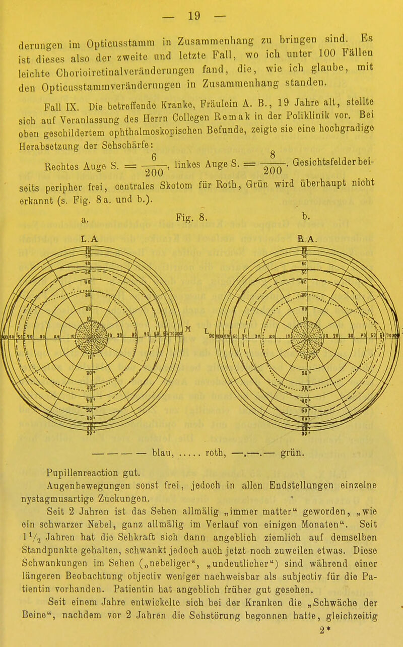 derungen im Opticusstamm in Zusammenhang zu bringen sind. Es ist dieses also der zweite und letzte Fall, wo ich unter 100 Fällen leichte ChorioiretinalVeränderungen fand, die, wie ich glaube, mit den Opticusstammveränderungen in Zusammenhang standen. Fall IX. Die betroffende Kranke, Fräulein A. B., 19 Jahre alt, stellte sich auf Veranlassung des Herrn Collegen Remak in der Poliklinik vor. Bei oben geschildertem ophthalmoskopischen Befunde, zeigte sie eine hochgradige Herabsetzung der Sehschärfe: 6 8 Rechtes Auge S. = ——-, linkes Auge S. = Gesichtsfelder bei- 200 '  200 seits peripher frei, centrales Skotom für Roth, Grün wird überhaupt nicht erkannt (s. Fig. 8 a. und b.). Fig. 8. b. a. blau, roth, —.—.— grün. Pupillenreaction gut. Augenbewegungen sonst frei, jedoch in allen Endstellungen einzelne nystagmusartige Zuckungen. Seit 2 Jahren ist das Sehen allmälig „immer matter geworden, „wie ein schwarzer Nebel, ganz allmälig im Verlauf von einigen Monaten. Seit 1V2 Jahren hat die Sehkraft sich dann angeblich ziemlich auf demselben Standpunkte gehalten, schwankt jedoch auch jetzt noch zuweilen etwas. Diese Schwankungen im Sehen („nebeliger, „undeutlicher) sind während einer längeren Beobachtung objecliv weniger nachweisbar als subjectiv für die Pa- tientin vorhanden. Patientin hat angeblich früher gut gesehen. Seit einem Jahre entwickelte sich bei der Kranken die „Schwäche der Beine, nachdem vor 2 Jahren die Sohstörung begonnen hatte, gleichzeitig 2*