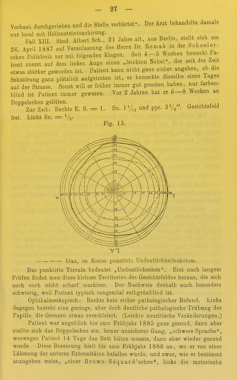 Vorhaut durchgerieben und die Stolle verhärtet. Der Arzt behandelte damals nur local mit Höllonsteintouchirung. , Fall XIII Stud. Albert Sch., 21 Jahre alt, aus Berlin, stellt sich am 26 April 1887 auf Veranlassung des Herrn Dr. Remak in der Schoolor- schen Poliklinik vor mit folgenden Klagen. Seit 4-5 Wochen bemerkt la- tiont zuerst auf dem linken Auge einen „leichten Nebel«, der seit der Zeit etwas stärker geworden ist. Patient kann nicht ganz sicher angeben, ob die Sehstörung ganz plötzlich aufgetreten ist, er bemerkte dieselbe eines lages auf der Strasse. Sonst will er früher immer gut gesehen haben, nur farben- blind ist Patient immer gewesen. Vor 2 Jahren hat er 6—8 Wochen an Doppe^ehen^gehUen.^ ß g = ^ ^ } ^ ^ ^ ^ Gesichtsfeld frei. Links Sn. = 1/s. Fig. 13. VI blau, im Kreise punctirt: Undeutlicbkeitsskotom. Das punktirte Terrain bedeutet „Undeutlichsehen. Erst nach langem Prüfen findet man diese kleinen Territorien des Gesichtsfeldes heraus, die sich auch noch nicht scharf markiren. Der Nachweis deshalb auch besonders schwierig, weil Patient typisch congenital rothgrünblind ist. Ophthalmoskopisch: Rechts kein sicher pathologischer Befund. Links dagegen besteht eine geringe, aber doch deutliche pathologische Trübung der Papille, die Grenzen etwas verschleiert. (Loichte neuritische Veränderungen.) Patient war angeblich bis zum Frühjahr 1885 ganz gesund, dann aber stellte sich das Doppelsehen ein, ferner unsicherer Gang, „schwere Sprache, weswegen Patient 14 Tage das Bett hüten musste, dann aber wieder gesund wurde Diese Besserung hielt bis zum Frühjahr 1886 an, wo er von einer Lähmung der unteren Extremitäten befallen wurde, und zwar, wie er bestimmt anzugoben weiss, „einer Brown-Sequard'schen, links die motorische