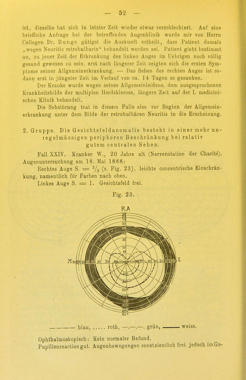ist, dieselbe hat sicli in letzter Zeit wieder etwas verschlechtert. Auf eine briefliche Anfrage bei der betreffenden Augenklinik wurde mir von Herrn Collogon Dr. Bunge gütigst die Auskunft ertheilt, dass Patient damals „wogen Neuritis retrobulbaris behandelt worden sei. Patient giebt bestimmt an, zu jener Zeit der Erkrankung des linken Auges im Uebrigen noch völlig gesund gewesen zu soin, erst nach längerer Zeit zeigten sich die ersten Sym- ptome seiner Allgemeinerkrankung. — Das Sehen des rechten Auges ist so- dann erst in jüngster Zeit im Verlauf von ca. 14 Tagen so gesunken. Der Kranke wurde wegen seines Allgemeinleidens, dem ausgesprochenen Krankhoitsbildo der multiplen llordskleroso, längere Zeit auf der 1. medicini- schen Klinik behandelt. Die Sehstörung trat in diesem Falle also vor Beginn der Allgemein- erkrankung unter dem Bilde der retrobulbären Neuritis in die Erscheinung. 2. Gruppe. Die Gesichtsfeldanomalie besteht in einer mehr un- regelmässigen peripheren Beschränkung bei relativ gutem centralen Sehen. Fall XXIV. Kranker W., 20 Jahre alt (Nervenstation der Charite). Augenuntersuchung am 18. Mai 1888: Rechtes Auge S. = 2/3 (s. Fig. 23), leichte concentrische Einschrän- kung, namentlich für Farben nach oben. Linkes Auge S. = 1. Gesichtsfeld frei. Fig. 23. R.A 9U° blau, roth, grün, weiss. Ophthalmoskopisch: Kein normaler Befund. Pupillenreactiongut. Augenbewegungen sonstziemlich frei, jedoch iuiGe-