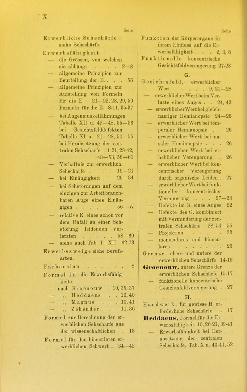 Seite Erwerbliche Sehschärfe siehe Sehschilrfe. Erwerbsfähigkeit — die Grössen, von welchen sie abhängt .... 2—8 — allgemeine Prinzipien zur Beurteilung der E. . . . 56 — allgemeine Prinzipien zur Aufstellung von Formeln für die E. 21—22, 28, 29, 50 — Formeln für die E. 8-11,35-37 — bei Augenmuskellähmungen Tabelle XII u. 42-48, 55-56 — bei Gesichtsfelddefekten Tabelle XI u. 21—28, 54—55 — bei Herabsetzung der cen- tralen Sehschärfe 11-21,28-42, 48—58, 56—61 — Verhältnis zur erwerblich. Sehschärfe . . . . 19-21 — bei Einäugigkeit . . 29 — 34 — bei Sehstörungen auf dem einzigen zur Arbeitbrauch- baren Auge eines Einäu- gigen 56—57 — relative E. eines schon vor dem Unfall an einer Seh- störung leidenden Ver- letzten 58—60 — siehe auch Tab. I—XII 62-73 Erwerbszweige siehe Berufs- arten. Farbensinn 8 Formel für die Erwerbsfähig- keit : — nach Groenouw . 10,35,37 — „ Heddaeus . . 10,40 — „ Magnus . . . 10,41 — „ Zehender . . . 11,36 Formel zur Berechnung der er- werblichen Sehschärfe aus der wissenschaftlichen . 13 Formel für den binocularen er- werblichen Sehwert . 34—42 Seite Funktion der Körperorgane in ihrem Einfluss auf die Er- werbsfähigkeit . . . 2, 3, 8 Funktionelle koncentrische Gesichtsfeld Verengerung 27-28 G. Gesichtsfeld, erwerblicher Wert 9,21—28 — erwerblicherWert beim Ver- luste eines Auges . . 24, 42 — erwerblicherWert bei gleich- namiger Hemianopsie 24—26 — erwerblicher Wert bei tem- poraler Hemianopsie . . 26 — erwerblicher Wert bei na- saler Hemianopsie ... 26 — erwerblicher Wert bei er- heblicher Verengerung . 26 — erwerblicher Wert bei kon- centrischer Verengerung durch organische Leiden . 27 — erwerblicher Wert bei funk- tioneller koncentrischer Verengerung . . . 27—28 — Defekte im 6. eines Auges 22 — Defekte des G. kombiniert mit Verminderung der zen- tralen Sehschärfe 28, 54—55 — Projektion 23 — monoculares und binocu- lares 28 Grenze, obere und untere der erwerblichen Sehschärfe 14-19 Cri'Oenouw, untere Grenze der erwerblichen Sehschärfe 15-17 — funktionelle koncentrische Gesichtsfeldverengerung . 27 H. Handwerk, für gewisse H. er- forderliche Sehschärfe . 17 Heddaens, Formel für die Er- werbsfähigkeit 10, 20-21, 39-41 — Erwerbsfähigkeit bei Her- absetzung der centralen Sehschärfe, Tab. X u. 40-41, 52 7