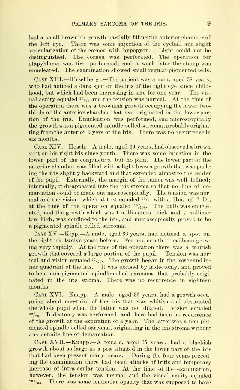 had a small brownish growth partially filling the anterior chamber of the left eye. There was some injection of the eyeball and slight vascularization of the cornea with hypopyon. Light could not be distinguished. The cornea was perforated. The operation for stapyhloma was first performed, and a week later the stump was enucleated. The examination showed small regular pigmented cells. Case XIII.— Hirschberg..—The patient was a man, aged 38 years, who had noticed a dark spot on the iris of the right eye since child- hood, but which had been increasing in size for one year. The vis- ual acuity equaled 2%o and the tension was normal. At the time of the operation there was a brownish growth occupying the lower two- thirds of the anterior chamber that had originated in the lower por- tion of the iris. Enucleation was performed, and microscopically the growth was a pigmented spindle-celled sarcoma, probably origina- ting from the anterior layers of the iris. There was no recurrence in six months. Case XIV.—Hosch.—A male, aged 66 years, had observed a brown spot on his right iris since youth. There was some injection in the lower part of the conjunctiva, but no pain. The lower part of the anterior chamber was filled with a light brown growth that was push- ing the iris slightly backward and that extended almost to the center of the pupil. Externally, the margin of the tumor was well defined; internally, it disappeared into the iris stroma so that no line of de- marcation could be made out macroscopically. The tension was nor- mal and the vision, which at first equaled 16/30 with a Hm. of 2 D., at the time of the operation equaled 16/ioo' The bulb was enucle- ated, and the growth which was 4 millimeters thick and 7 millime- ters high, was confined to the iris, and microscopically proved to be a pigmented spindle-celled sarcoma. Case XV.—Kipp.—A male, aged 36 years, had noticed a spot on the right iris twelve years before. For one month it had been grow- ing very rapidly. At the time of the operation there was a whitish growth that covered a large portion of the pupil. Tension was nor- mal and vision equaled 2%o- The growth began in the lower and in- ner quadrant of the iris. It was excised by iridectomy, and proved to be a non-pigmented spindle-celled sarcoma, that probably origi- nated in the iris stroma. There was no recurrence in eighteen months. Case XVI.—Knapp.—A male, aged 36 years, had a growth occu- pying about one-third of the iris that was whitish and obstructed the whole pupil when the latter was not dilated. Vision equaled 20/70. Iridectomy was performed, and there had been no recurrence of the growth at the expiration of a year. The latter was a non-pig- mented spindle-celled sarcoma, originating in the iris stroma without any definite line of demarcation. Case XVII.—Knapp.—A female, aged 35 years, had a blackish growth about as large as a pea situated in the lower part of the iris that had been present many years. During the four years preced- ing the examination there had been attacks of iritis and temporary increase of intra-ocular tension. At the time of the examination, however, the tension was normal and the visual acuity equaled 2%oo. There was some lenticular opacity that was supposed to have