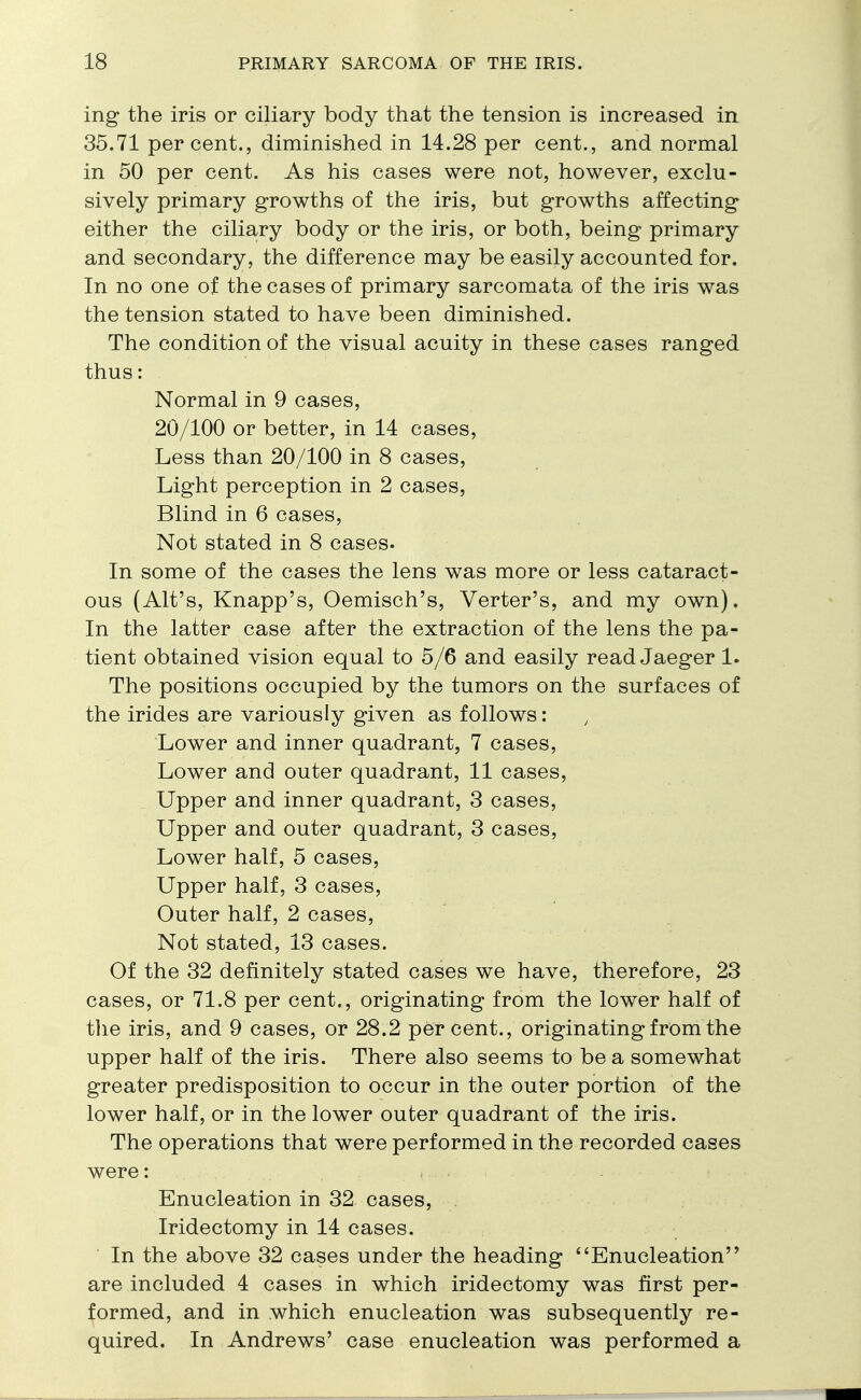 ing the iris or ciliary body that the tension is increased in 35.71 percent., diminished in 14.28 per cent., and normal in 50 per cent. As his cases were not, however, exclu- sively primary growths of the iris, but growths affecting either the ciliary body or the iris, or both, being primary and secondary, the difference may be easily accounted for. In no one of the cases of primary sarcomata of the iris was the tension stated to have been diminished. The condition of the visual acuity in these cases ranged thus: Normal in 9 cases, 20/100 or better, in 14 cases, Less than 20/100 in 8 cases, Light perception in 2 cases, Blind in 6 cases, Not stated in 8 cases. In some of the cases the lens was more or less cataract- ous (Alt's, Knapp's, Oemisch's, Verter's, and my own). In the latter case after the extraction of the lens the pa- tient obtained vision equal to 5/6 and easily read Jaeger 1. The positions occupied by the tumors on the surfaces of the irides are variously given as follows: Lower and inner quadrant, 7 cases, Lower and outer quadrant, 11 cases, Upper and inner quadrant, 3 cases, Upper and outer quadrant, 3 cases, Lower half, 5 cases, Upper half, 3 cases, Outer half, 2 cases, Not stated, 13 cases. Of the 32 definitely stated cases we have, therefore, 23 cases, or 71.8 per cent., originating from the lower half of the iris, and 9 cases, or 28.2 percent., originating from the upper half of the iris. There also seems to be a somewhat greater predisposition to occur in the outer portion of the lower half, or in the lower outer quadrant of the iris. The operations that were performed in the recorded cases were: Enucleation in 32 cases, Iridectomy in 14 cases. In the above 32 cases under the heading Enucleation'' are included 4 cases in which iridectomy was first per- formed, and in which enucleation was subsequently re- quired. In Andrews' case enucleation was performed a