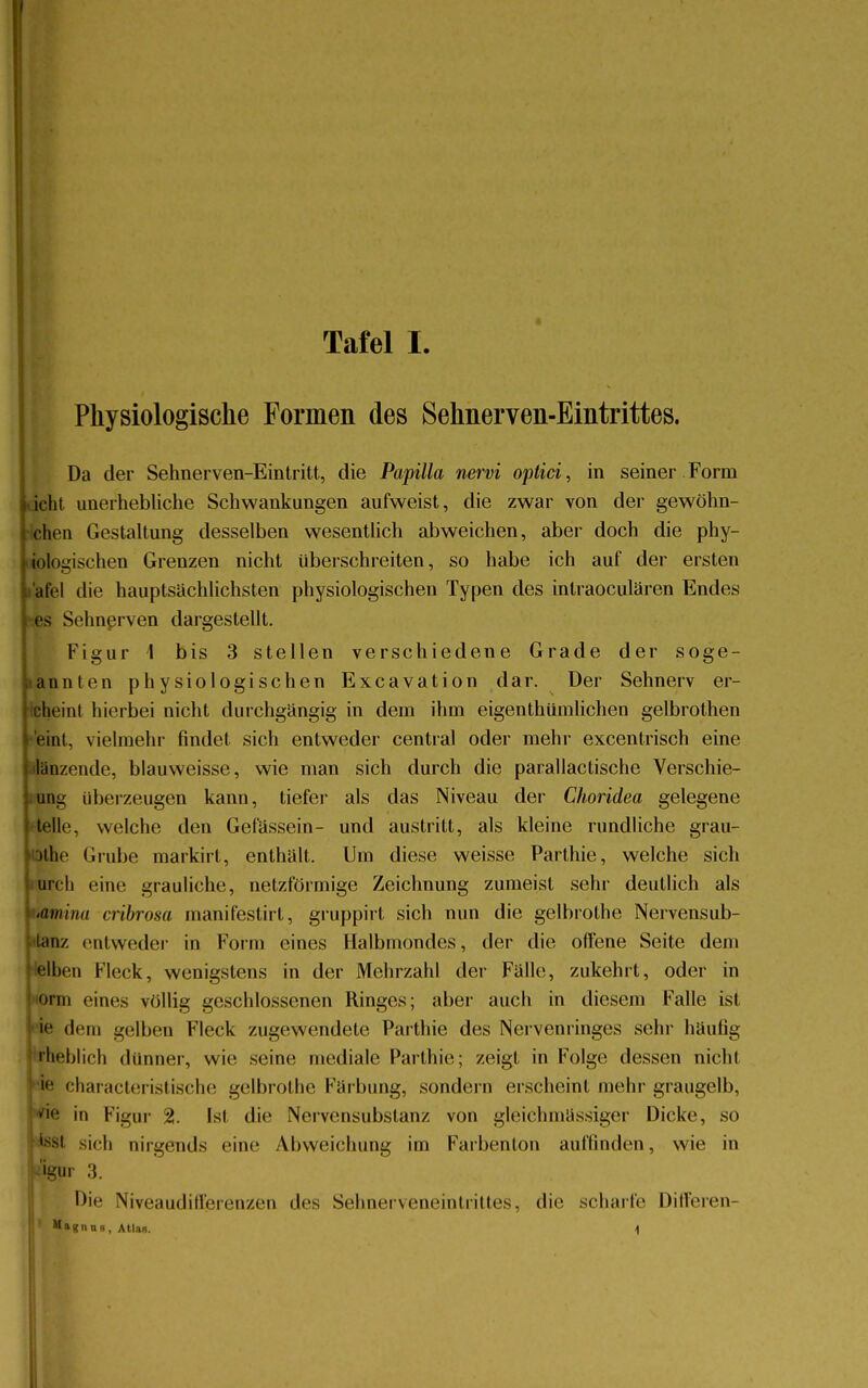 Physiologische Formen des Sehnerven-Eintrittes. Da der Sehnerven-Eintritt, die Papilla nervi optici, in seiner Form icht unerhebliche Schwankungen aufweist, die zwar von der gewöhn- chen Gestaltung desselben wesentlich abweichen, aber doch die phy- iologischen Grenzen nicht überschreiten, so habe ich auf der ersten 'afel die hauptsächlichsten physiologischen Typen des intraocularen Endes es Sehnerven dargestellt. Figur 1 bis 3 stellen verschiedene Grade der soge- annten physiologischen Excavation dar. Der Sehnerv er- eheint hierbei nicht durchgängig in dem ihm eigenthiimlichen gelbrothen eint, vielmehr findet sich entweder central oder mehr excentrisch eine tanzende, blauweisse, wie man sich durch die parallactische Verschie- ung überzeugen kann, tiefer als das Niveau der Choridea gelegene teile, welche den Gefässein- und austritt, als kleine rundliche grau- Othe Grube markirl, enthält. Um diese weisse Parthie, welche sich urcli eine grauliche, netzförmige Zeichnung zumeist sehr deutlich als lamina cribrosa manifestirt, gruppirt sich nun die gelbrothe Nervensub- tanz entweder in Form eines Halbmondes, der die offene Seite dem elben Fleck, wenigstens in der Mehrzahl der Fälle, zukehrt, oder in orm eines völlig geschlossenen Ringes; aber auch in diesem Falle ist 1,1 dem gelben Fleck zugewendete Parthie des Nervenringes sehr häufig rheblicli dünner, wie seine mediale Parthie; zeigt in Folge dessen nicht characteristische gelbrothe Färbung, sondern erscheint mehr graugelb, 'ie in Figur % Isl die Nervensubslanz von gleichmässiger Dicke, so test sieh nirgends eine Abweichung im Farbenton auffinden, wie in -igur 3. Die Niveaudifferenzen des Sehnerveneintrittes, die scharfe Differen- Magnus, Atlas. \