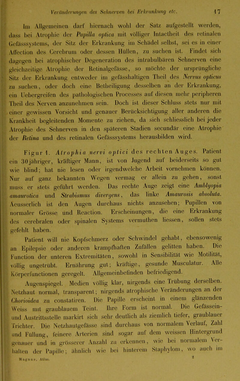 Im Allgemeinen darf hiernach wohl der Satz aufgestellt weiden, dass bei Atrophie der Papilla optica mil völliger Intactheil des retinalen Gefasssystems, der Sil/, der Erkrankung im Schädel selbst, sei es in einer Affection des Cerebrura oder dessen Hüllen, zu suchen ist. Kindel sich dagegen bei atrophischer Degeneration des intrabulbären Sehnerven eine gleichzeitige Atrophie der Retinalgefasse, so möchte der ursprüngliche Sit/, der Erkrankung entweder im gefasshaltigen Theil des Nervus opticus ZU suchen, oder doch eine Betheiligung desselben an der Erkrankung, ein l ebergreifen des pathologischen Proccsses auf diesen mehr peripheren Theil des Nerven anzunehmen sein. Doch ist dieser Schluss stets nur mit einer gewissen Vorsicht und genauer Berücksichtigung aller anderen die Krankheit begleitenden Momente zu ziehen, da sich schliesslich bei jeder Atrophie des Sehnerven in den spateren Stadien secundär eine Atrophie der Retina und des retinalen Gefiisssystems herausbilden wird. Figur 1. Alrophia nervi optici des rechten Auges. Patient ein 30jahriger, kräftiger Mann, ist von Jugend auf beiderseits so gut wie blind; hat nie lesen oder irgendwelche Arbeit vornehmen können. Nur auf ganz bekannten Wegen vermag er allein zu gehen, sonst muss er stets geführt werden. Das rechte Auge zeigt eine Amblyopia amaurotica und Strabismus divergens, das linke Amaurosis absoluta. Acusserlich ist den Augen durchaus nichts anzusehen; Pupillen von normaler Grösse und Reaction. Erscheinungen, die eine Erkrankung dis cerebralen oder spinalen Systems vermuthen Hessen, sollen stets gefehlt haben. Patient will nie Kopfschmerz oder Schwindel gehabt, ebensowenig an Epilepsie oder anderen krampfhaften Zufällen gelitten haben. Die Function der unteren Extremitäten, sowohl in Sensibilität wie Motilität, völlig ungetrübt. Ernährung gut; kräftige, gesunde Musculatur. Alle Körpcrfunctionen geregelt. Allgemeinbefinden befriedigend. Augenspiegel. Medien völlig klar, nirgends eine Trübung derselben. Netzhaut normal, transparent; nirgends atrophische Veränderungen an der Chorioidea zu constatiren. Die Papille erscheint in einem glänzenden Weiss mit graublauem Teint. Ihre Form ist normal. Die Gefässein- imd Austriltsslclle markirt sich sehr deutlich als ziemlich tiefer, graublauer h ichter. Die Netzhautgefässe sind durchaus von normalem Verlauf, Zahl und Füllung, feinere Arterien sind sogar auf dem weissen Hintergrund genauer und in grösserer Anzahl ZU erkennen. Wie bei normalem Ver- hallen der Papille; ahnlich wie bei hinterem Slaphylom, wo auch im a Magna h, Atlas.