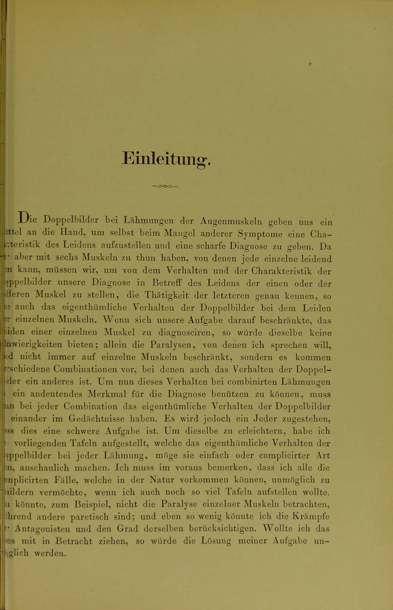 Einleitung'. Doppelbilder bei Lähmungen der Augenmuskeln geben uns ein ttel an die Hand, um selbst beim Mangel anderer Symptome eine Cha- teristik des Leidens aufzustellen und eine scharfe Diagnose zu geben. Da aber mit sechs Muskeln zu thun haben, von denen jede einzelne leidend n kann, müssen wir, um von dem Verhalten und der Charakteristik der l)pelbilder unsere Diagnose in Betreff des Leidens der einen oder der leren Muskel zu stellen, die Thätigkeit der letzteren genau kennen, so auch das eigenthiiniliche Verhalten der Doppelbilder bei dem Leiden einzelnen Muskeln. Wenn sich unsere Aufgabe darauf beschränkte, das i'len einer einzelnen Muskel zu diagnosciren, so würde dieselbe keine wierigkeiten bieten; allein die Paralysen, von denen ich sprechen will, d nicht immer auf einzelne Muskeln beschränkt, sondern es kommen >chiedene Combinationen vor, bei denen auch das V^erhalten der Doppel- ler ein anderes ist. Um nun dieses Verhalten bei combinirten Lähmungen ein andeutendes Merkmal für die Diagnose benützen zu können, muss n bei jeder Combination das eigenthümllche Verhalten der Doppelbilder einander im Gedächtnisse haben. Es wird jedoch ein Jeder zugestehen, >s dies eine schwere Aufgabe ist. Um dieselbe zu erleichtern, habe ich vorliegenden Tafeln aufgestellt, welche das eigenthiiniliche Verhalten der ]ipelbilder bei jeder Lähmung, möge sie einfach oder complicirter Art iu anschaulich machen. Ich muss im voraus bemerken, dass ich alle die f nplicirten Fälle, welche in der Natur vorkommen können, unmöglich zu lildern vermöchte, wenn ich auch noch so viel Tafeln aufstellen wollte, i könnte, zum Beispiel, nicht die Paralyse einzelner Muskeln betrachten, Inend andere paretisch sind; und eben so wenig könnte ich die Krämpfe Antagonisten und den Grad derselben berücksichtigen. Wollte ich das s mit in Betracht ziehen, so würde die Lösung meiner Aufgabe un- i,dich werden.