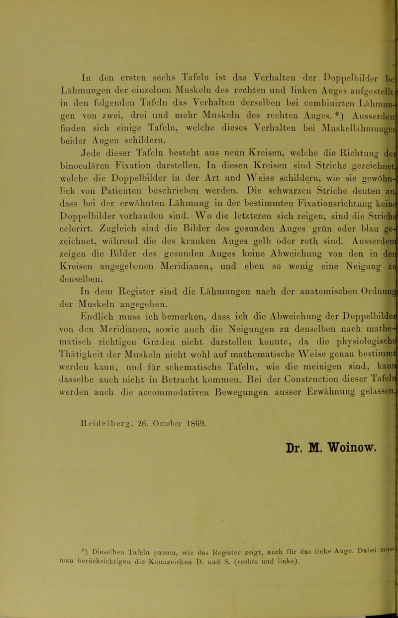 In den ersten sechs Tafeln ist das Verhalten der Doppelbilder be Lähmungen der einzelnen Muskeln des rechten und linken Auges aufgestellt in den folgenden Tafeln das Verhalten derselben bei Combinirten Lähmun- gen von zwei, drei und mehr Muskeln des rechten Auges. *) Ausserden finden sich einige Tafeln, welche dieses Verhalten bei Muskellahmungei beider Augen schildern. Jede dieser Tafeln besteht aus neun Kreisen, welche die Richtung dei binoculären Fixation darstellen. In diesen Kreisen sind Striche gezeichnet welche die Doppelbilder in der Art und Weise schildern, wie sie gewöhn- lich von Patienten beschrieben werden. Die schwarzen Striche deuten an dass bei der erwähnten Lähmung in der bestimmten Fixationsrichtung keine Doppelbilder vorhanden sind. Wo die letzteren sich zeigen, sind die Striche cclorirt. Zugleich sind die Bilder des gesunden Auges grün oder blau ge- zeichnet, während die des kranken Auges gelb oder roth sind. Ausserdem zeigen die Bilder des gesunden Auges keine Abweichung von den in der Kreisen angegebeneu Meridianen, und eben so wenig eine Neigung zi denselben. In dem Register sind die Lähmungen nach der anatomischen Ordnuno der Muskeln angegeben. Endlich muss ich bemerken, dass ich die Abweichung der Doppelbildei von den Meridianen, sowie auch die Neigungen zu denselben nach mathe- matisch richtigen Graden nicht darstellen konnte, da die physiologische 'i'hätigkeit der Muskeln nicht wohl auf mathematische Weise genau bestimmt werden kann, und für schematische Tafeln, wie die meinigen sind, kann dasselbe auch nicht in Betracht kommen. Bei der Construction dieser Tafeln werden auch die accommodativeri Bewegungen ausser Erwähnung gelassen. Heidelberg, 26. October 1869. Dr. M. Woinow. ■*) Dieselben Tafeln passen, wie das Register zeigt, auch für das linke Auge. Dabei uian berücksichtigen die Kennzeichen D. und S. (rechts und links).