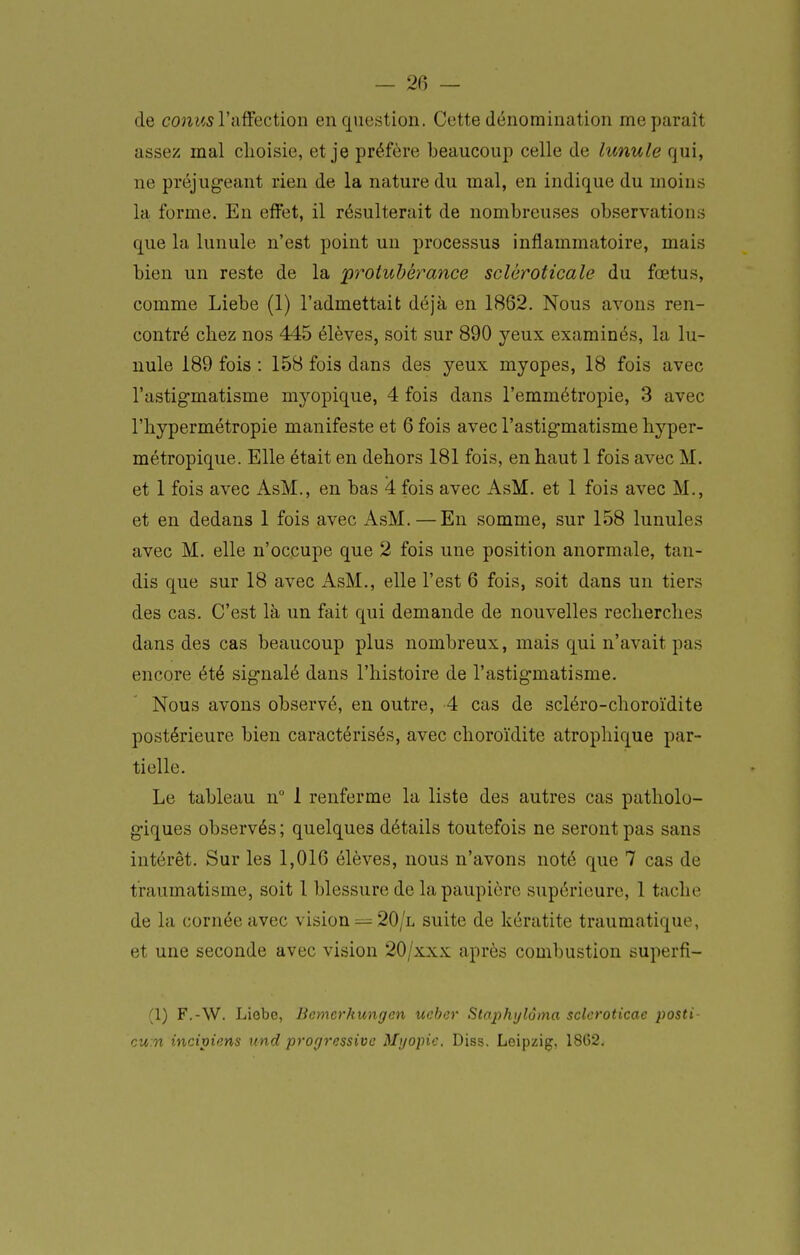 de conM5 l'affection en question. Cette dénomination me paraît assez mal choisie, et je préfère beaucoup celle de lunule qui, ne préjug-eant rien de la nature du mal, en indique du moins la forme. En effet, il résulterait de nombreuses observations que la lunule n'est point un processus inflammatoire, mais bien un reste de la py^otuhérance sclcroticale du fœtus, comme Liebe (1) l'admettait déjà en 1862. Nous avons ren- contré chez nos 445 élèves, soit sur 890 yeux examinés, la lu- nule 189 fois : 158 fois dans des yeux myopes, 18 fois avec l'astig-matisme myopique, 4 fois dans l'emmétropie, 3 avec l'hypermétropie manifeste et 6 fois avec l'astigmatisme hyper- métropique. Elle était en dehors 181 fois, en haut 1 fois avec M. et 1 fois avec AsM., en bas 4 fois avec AsM. et 1 fois avec M., et en dedans 1 fois avec x\sM.—En somme, sur 158 lunules avec M. elle n'occupe que 2 fois une position anormale, tan- dis que sur 18 avec AsM., elle l'est 6 fois, soit dans un tiers des cas. C'est là un fait qui demande de nouvelles recherches dans des cas beaucoup plus nombreux, mais qui n'avait pas encore été signalé dans l'histoire de l'astigmatisme. Nous avons observé, en outre, 4 cas de scléro-choroïdite postérieure bien caractérisés, avec choroïdite atrophique par- tielle. Le tableau n° 1 renferme la liste des autres cas patholo- giques observés ; quelques détails toutefois ne seront pas sans intérêt. Sur les 1,016 élèves, nous n'avons noté que 7 cas de traumatisme, soit 1 blessure de la paupière supérieure, 1 tache de la cornée avec vision — 20/l suite de kératite traumatique, et une seconde avec vision 20/xxx après combustion superfî- (1) F.-\V. Liobe, Bcmcrkungcn ueber Slaphi/lôina sclcroticae posti- cu:n incimens und progressive Mt/opic. Diss. Leipzig, 1862.