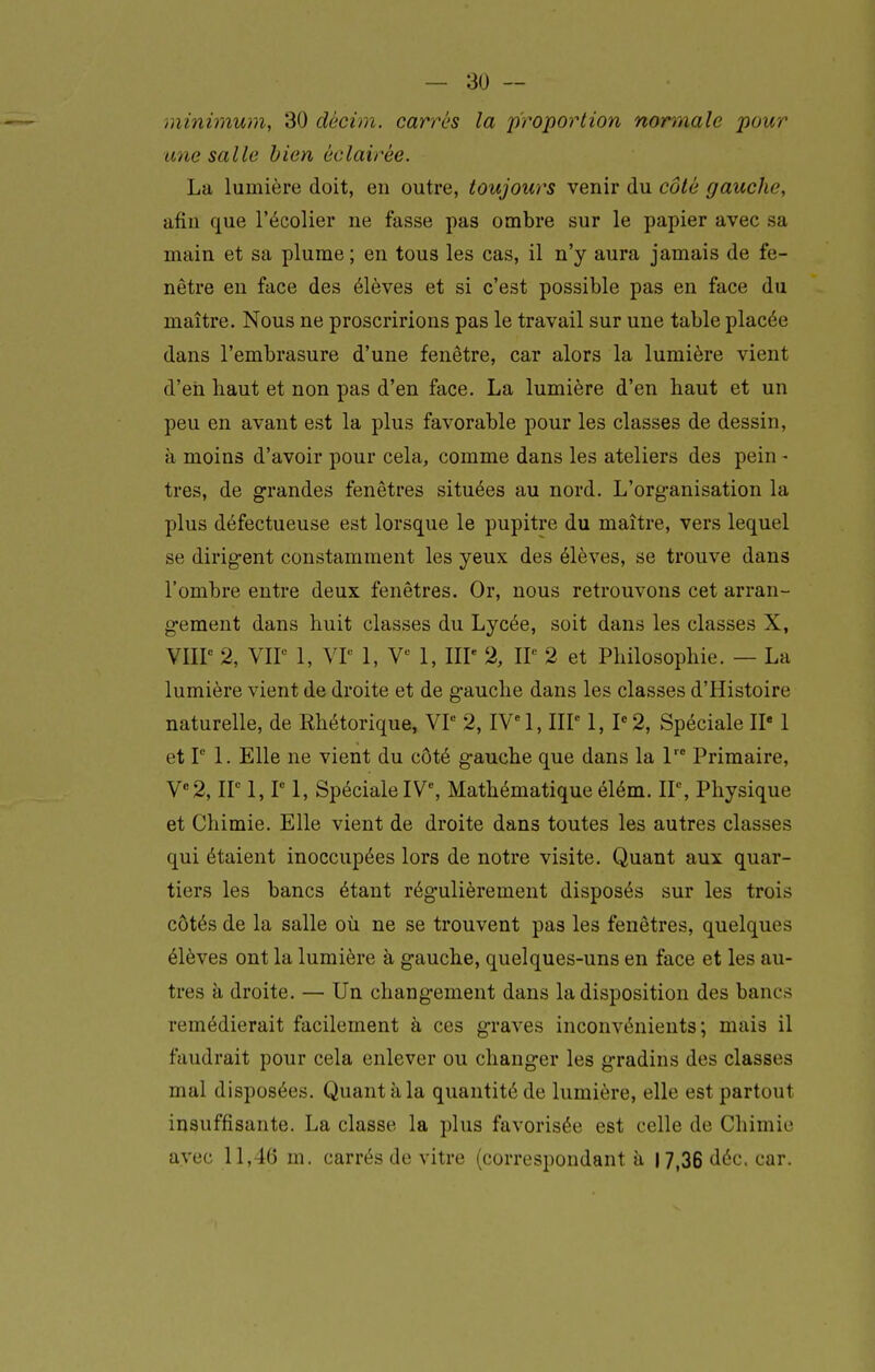 minimum, 30 dècim. carrés la proportion normale pour une salle bien éclairée. La lumière doit, en outre, toujours venir du côté gauche, afin que l'écolier ne fasse pas ombre sur le papier avec sa main et sa plume ; en tous les cas, il n'y aura jamais de fe- nêtre eu face des élèves et si c'est possible pas en face du maître. Nous ne proscririons pas le travail sur une table placée dans l'embrasure d'une fenêtre, car alors la lumière vient d'en haut et non pas d'en face. La lumière d'en haut et un peu en avant est la plus favorable pour les classes de dessin, à moins d'avoir pour cela, comme dans les ateliers des pein - très, de grandes fenêtres situées au nord. L'org-anisation la plus défectueuse est lorsque le pupitre du maître, vers lequel se dirig-ent constamment les yeux des élèves, se trouve dans l'ombre entre deux fenêtres. Or, nous retrouvons cet arran- g-ement dans huit classes du Lycée, soit dans les classes X, VHP 2, VI? 1, VF 1, V^^ 1, IIP 2, IP 2 et Philosophie. — La lumière vient de droite et de g-auche dans les classes d'Histoire naturelle, de Rhétorique, VP 2, IV^l, IIP 1, P2, Spéciale IP 1 et P I. Elle ne vient du côté gauche que dans la 1'° Primaire, V''2, IP 1, P 1, SpécialeIV% Mathématique élém. IP, Physique et Chimie. Elle vient de droite dans toutes les autres classes qui étaient inoccupées lors de notre visite. Quant aux quar- tiers les bancs étant régulièrement disposés sur les trois côtés de la salle où ne se trouvent pas les fenêtres, quelques élèves ont la lumière à gauche, quelques-uns en face et les au- tres à droite. — Un changement dans la disposition des bancs remédierait facilement à ces graves inconvénients; mais il faudrait pour cela enlever ou changer les gradins des classes mal disposées. Quant à la quantité de lumière, elle est partout insuffisante. La classe la plus favorisée est celle de Chimie avec 11,46 m. carrés de vitre {correspondant à 17,36 déc. car.
