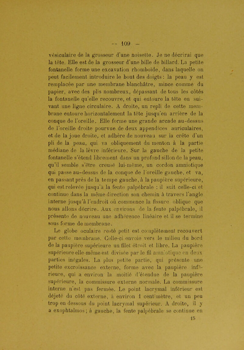 109 - vésiculaire de la grosseur d'une noisette. Je ne décrirai que la tête. Elle est de la grosseur d'une bille de billard. La petite fontanelle forme une excavation rhomboïde, dans laquelle on peut facilement introduire le bout des doigts : la peau y est remplacée par une membrane blanchâtre, mince comme du papier, avec des plis nombreux, dépassant de tous les côtés la fontanelle qu'elle recouvre, et qui entoure la tête en sui- vant une ligne circulaire. A droite, un repli de cette mem- brane entoure horizontalement la tête jusqu'en arrière de la conque de l'oreille. Elle forme une grande arcade au-dessus de l'oreille droite pourvue de deux appendices auriculaires, et de la joue droite, et adhère de nouveau sur la crête d'un pli de la peau, qui va obliquement du menton à la partie médiane de la lèvre inférieure. Sur la gauche de la petite fontanelle s'étend librement dans un profond sillon de la peau, qu'il semble s'être creusé lui-même, un cordon amniotique qui passe au-dessus de la conque de l'oreille gauche, et va, en passant près de la tempe gauche, à la paupière supérieure, qui est relevée jusqu'à la fento palpébrale : il suit celle-ci et continue dans la même direction son chemin à travers l'angle interne jusqu'à l'endroit où commence la fissure oblique que nous allons décrire. Aux environs de la fente palpébrale, il présente de nouveau une adhérence linéaire et il se termine sous forme de membrane. Le globe oculaire resté petit est co:nplètement recouvert par cette membrane. GuUe-ci envoie vers le milieu du bord de la paupière supérieure un filet étroit et libre. La paupière supérieure elle-même est divisée par le fil amn'oliqiio on deux parties inégales. La plus petite partie, qui présente une petite excroissance externe, forme avec la paupière infé- rieure, qui a environ la moitié d'élendue de la paupière supérieure, la commissure externe normale. La commissure interne n'est pas fermée. Le point lacrymal inférieur est déjeté du côté 6xt(3rne, à environ 1 centimètre, et un peu trop en dessous du point lacrymal supérieur. A droite, il y a exophtalmos; à gauche, la fente palpébrale se continue en