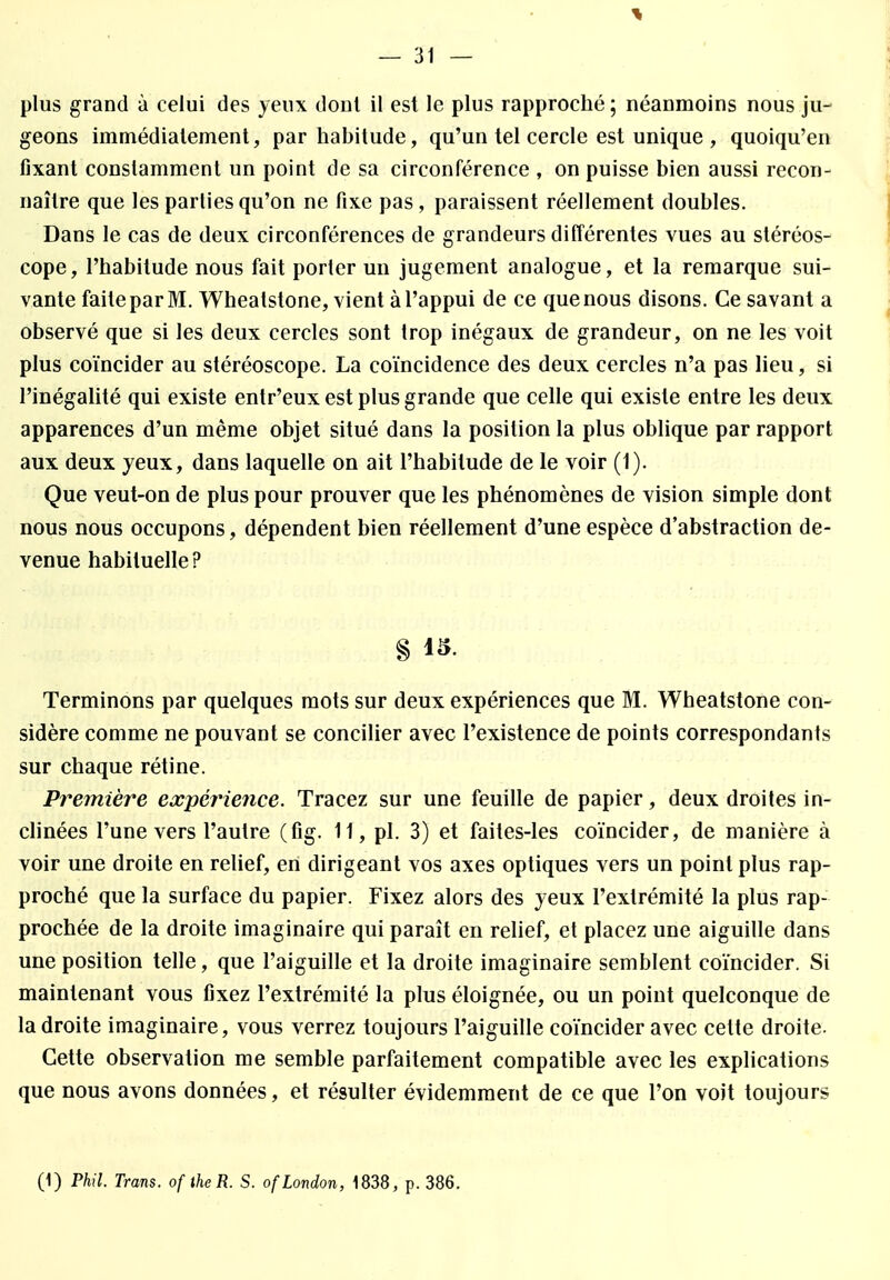 plus grand à celui des yeux dont il est le plus rapproché ; néanmoins nous ju- geons immédiatement, par habitude, qu'un tel cercle est unique , quoiqu'en fixant constamment un point de sa circonférence , on puisse bien aussi recon- naître que les parties qu'on ne fixe pas, paraissent réellement doubles. Dans le cas de deux circonférences de grandeurs différentes vues au stéréos- cope, l'habitude nous fait porter un jugement analogue, et la remarque sui- vante faite par M. Wheatstone, vient à l'appui de ce que nous disons. Ce savant a observé que si les deux cercles sont trop inégaux de grandeur, on ne les voit plus coïncider au stéréoscope. La coïncidence des deux cercles n'a pas lieu, si l'inégalité qui existe entr'eux est plus grande que celle qui existe entre les deux apparences d'un même objet situé dans la position la plus oblique par rapport aux deux yeux, dans laquelle on ait l'habitude de le voir (1). Que veut-on de plus pour prouver que les phénomènes de vision simple dont nous nous occupons, dépendent bien réellement d'une espèce d'abstraction de- venue habituelle? Terminons par quelques mots sur deux expériences que M. Wheatstone con- sidère comme ne pouvant se concilier avec l'existence de points correspondants sur chaque rétine. Première expérience. Tracez sur une feuille de papier, deux droites in- clinées l'une vers l'autre (fig. 11, pl. 3) et faites-les coïncider, de manière à voir une droite en relief, en dirigeant vos axes optiques vers un point plus rap- proché que la surface du papier. Fixez alors des yeux l'extrémité la plus rap- prochée de la droite imaginaire qui paraît en relief, et placez une aiguille dans une position telle, que l'aiguille et la droite imaginaire semblent coïncider. Si maintenant vous fixez l'extrémité la plus éloignée, ou un point quelconque de la droite imaginaire, vous verrez toujours l'aiguille coïncider avec celte droite. Cette observation me semble parfaitement compatible avec les explications que nous avons données, et résulter évidemment de ce que l'on voit toujours (1) Phil. Trans. oftheR. S. ofLondon, 1838, p. 386.