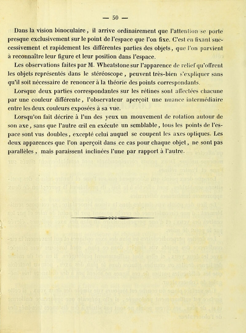 Dans la vision binoculaire, il arrive ordinairement que l'attention se porte presque exclusivement sur le point de l'espace que Ton fixe. C'est en fixant suc- cessivement et rapidement les différentes parties des objets, que {'on parvient à reconnaître leur figure et leur position dans l'espace. Les observations faites par M. Wheatstone sur l'apparence de relief qu'offrent les objets représentés dans le stéréoscope , peuvent très-bien s'expliquer sans qu'il soit nécessaire de renoncer à la théorie des points correspondants. Lorsque deux parties correspondantes sur les rétines sont affectées chacune par une couleur différente, l'observateur aperçoit une nuance iniermédiaire entre les deux couleurs exposées à sa vue. Lorsqu'on fait décrire à l'un des yeux un mouvement de rotation autour de son axe, sans que l'autre œil en exécute un semblable, tous les points de l'es- pace sont vus doubles, excepté celui auquel se coupent les axes optiques. Les deux apparences que l'on aperçoit dans ce cas pour chaque objet, ne sont pas parallèles , mais paraissent inclinées l'une par rapport à l'autre.