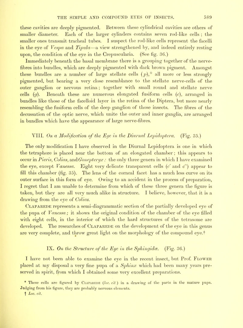 these cavities are deeply pigmented. Between these cylindrical cavities are others of smaller diameter. Each of the larger cylinders contains seven rod-like cells ; the smaller ones transmit tracheal tubes. I suspect the rod-like cells represent the facelli in the eye of Vespa and Tipula—a view strengthened by, and indeed entirely resting upon, the condition of the eye in the Crepuscularia. (See fig. 3G.) Immediately beneath the basal membrane there is a grouping together of the nerve- fibres into bundles, which are deeply pigmented with dark brown pigment. Amongst these bundles are a number of large stellate cells (p),* all more or less strongly pigmented, but bearing a very close resemblance to the stellate nerve-cells of the outer ganglion or nervous retina; together with small round and stellate nerve cells ((/). Beneath these are numerous elongated fusiform cells (c), arranged in bundles like those of the facelloid layer in the retina of the Diptera, but more nearly resembling the fusiform cells of the deep ganglion of those insects. The fibres of the decussation of the optic nerve, which unite the outer and inner ganglia, are arranged in bundles which have the appearance of large nerve-fibres. VIII. On a Modification of the Eye in the Diurnal Lepidoptera. (Fig. 35.) The only modification I have observed in the Diurnal Lepidoptera is one in which the tetraphore is placed near the bottom of an elongated chamber; this appears to occur in Pieris, Colias, &i\<S.Gonepteryx: the only three genera in which I have examined the eye, except Vanessa. Eight very delicate transparent cells (c' and c) appear to fill this chamber (fig. 35). The lens of the corneal facet has a much less curve on its outer surface in this form of eye. Owing to an accident in the process of preparation, I regret that I am unable to determine from which of these three genera the figure is taken, but they are all very much alike in structure. I believe, however, that it is a drawing from the eye of Colias. Claparede represents a semi-diagrammatic section of the partially developed eye of the pupa of Vanessa; it shows the original condition of the chamber of the eye filled with eight cells, in the interior of which the hard structures of the tetrasome are developed. The researches of Claparede on the development of the eye in this genus are very complete, and throw great light on the morphology of the compound eye.t IX. On the Structure of the Eye in the Sphingidee. (Fig. 36.) I have not been able to examine the eye in the recent insect, but Prof. Flower placed at my disposal a very fine pupa of a Sphinx which had been many years pre- served in spirit, from which I obtained some very excellent preparations. * These cells are figured by Claparede (loc. cit.) in a drawing of the parts in the mature pupa. Judging from his figure, they are probably nervous elements, t Loc. cit.