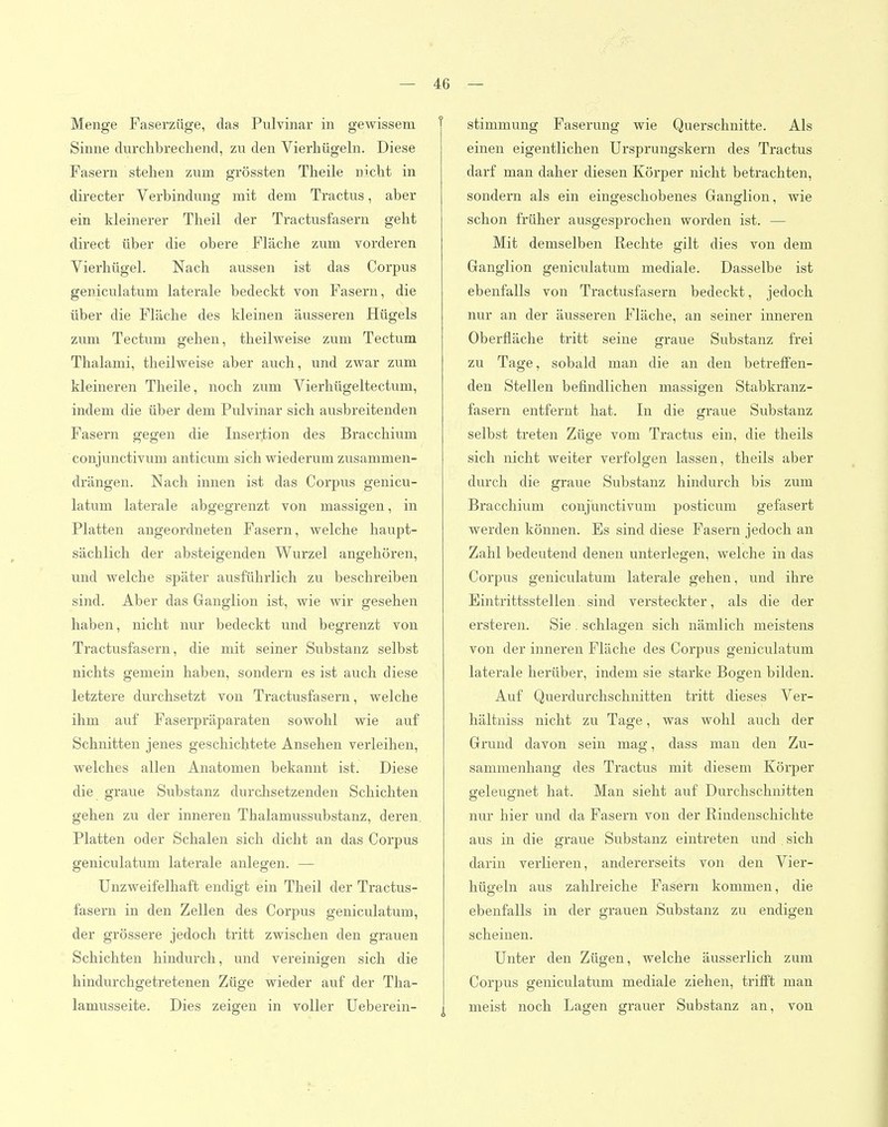 Menge Paserzüge, das Pulvinar in gewissem Sinne durchbrechend, zu den Vierhügeln. Diese Pasern stehen zum grössten Theile nicht in directer Verbindung mit dem Tractus, aber ein kleinerer Theil der Tractusfasern geht direct über die obere Fläche zum vorderen Vierhügel. Nach aussen ist das Corpus geniculatum laterale bedeckt von Pasern, die über die Pläche des kleinen äusseren Hügels zum Tectum gehen, theilweise zum Tectum Thalami, theilweise aber auch, und zwar zum kleineren Theile, noch zum Vierhügeltectum, indem die über dem Pulvinar sich ausbreitenden Pasern gegen die Insertion des Bracchium conjunctivum anticum sich wiederum zusammen- drängen. Nach innen ist das Corpus genicu- latum laterale abgegrenzt von massigen, in Platten angeordneten Pasern, welche haupt- sächlich der absteigenden Wurzel angehören, und welche später ausführlich zu beschreiben sind. Aber das Ganglion ist, wie wir gesehen haben, nicht nur bedeckt und begrenzt von Tractusfasern, die mit seiner Substanz selbst nichts gemein haben, sondern es ist auch diese letztere durchsetzt von Tractusfasern, welche ihm auf Paserpräparaten sowohl wie auf Schnitten jenes geschichtete Ansehen verleihen, welches allen Anatomen bekannt ist. Diese die graue Substanz durchsetzenden Schichten gehen zu der inneren Thalamussubstanz, deren Platten oder Schalen sich dicht an das Corpus geniculatum laterale anlegen. — Unzweifelhaft endigt ein Theil der Tractus- fasern in den Zellen des Corpus geniculatum, der grössere jedoch tritt zwischen den grauen Schichten hindurch, und vereinigen sich die hindurchgetretenen Züge wieder auf der Tha- lamusseite. Dies zeigen in voller Ueberein- stimmung Paserung wie Querschnitte. Als einen eigentlichen Ursprungskern des Tractus dai'f man daher diesen Körper nicht betrachten, sondern als ein eingeschobenes Ganglion, wie schon früher ausgesprochen worden ist. — Mit demselben Rechte gilt dies von dem Ganglion geniculatum mediale. Dasselbe ist ebenfalls von Tractusfasern bedeckt, jedoch nur an der äusseren Pläche, an seiner inneren Oberfläche tritt seine graue Substanz frei zu Tage, sobald man die an den betreffen- den Stellen befindlichen massigen Stabkranz- fasern entfernt hat. In die graue Substanz selbst treten Züge vom Tractus ein, die theils sich nicht weiter verfolgen lassen, theils aber durch die graue Substanz hindurch bis zum Bracchium conjunctivum posticum gefasert werden können. Es sind diese Pasern jedoch an Zahl bedeutend denen unterlegen, welche in das Corpus geniculatum laterale gehen, und ihre Eintrittsstellen. sind versteckter, als die der ersteren. Sie . schlagen sich nämlich meistens von der inneren Pläche des Corpus geniculatum laterale herüber, indem sie starke Bogen bilden. Auf Querdurchschnitten tritt dieses Ver- hältniss nicht zu Tage, was wohl auch der Grund davon sein mag, dass man den Zu- sammenhang des Tractus mit diesem Körper geleugnet hat. Man sieht auf Durchschnitten nur hier und da Fasern von der Rindenschichte aus in die graue Substanz eintreten und sich darin verlieren, andererseits von den Vier- hügeln aus zahlreiche Pasern kommen, die ebenfalls in der grauen Substanz zu endigen scheinen. Unter den Zügen, welche äusserlich zum Corpus geniculatum mediale ziehen, trifft man meist noch Lagen grauer Substanz an, von