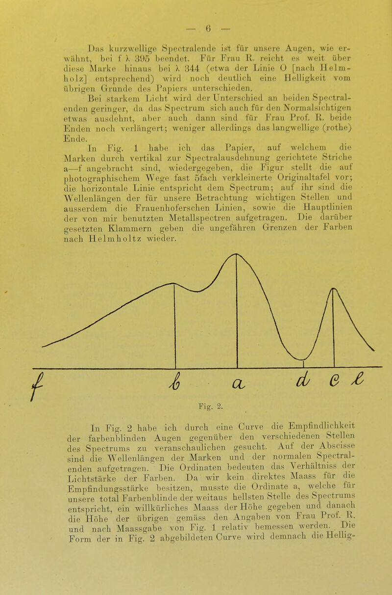 — 0 — Das kurzwellige Spectralende ist für unsere Augen, wie er- wälmt, bei f X 395 beendet. Für Fruu R. reicht es weit über diese Marke hinaus bei X 844 (etwa der Linie 0 [nach Helni- holz] entsprechend) wird noch deutlich eine Helligkeit vom übrigen Grunde des Papiers unterschieden. Bei starkem Licht wird der Unterschied an beiden Spectral- enden geringer, da, das Spectrum sich auch für den Normalsichtigen etwas ausdehnt, aber auch dann sind für Frau Prof. Ii. beide Enden noch verlängert; weniger allerdings das langwellige (rothe) Ende. In Fig. 1 habe icb das Papier, auf welchem die Marken durch vertikal zur Spectralausdehnung gerichtete Striche a—f angebracht sind, wiedergegeben, die Figur stellt die auf photographiöchem Wege fast Sfach verkleinerte Originaltafel vor; die horizontale Linie entspricht dem Spectrum; auf ilir sind die Wellenlängen der für unsere Betrachtung wichtigen Stellen und ausserdem die Frauenhoferschen Linien, sowie die Hauptlinien der von mir benutzten Metallspectren aufgetragen. Die darüber gesetzten Klammern geben die ungefähren Grenzen der Farben nach Helmholtz wieder. 4 CL cL e ^ Fig. 2. In Fig. 2 habe ich durch eine Curve die Empfindlichkeit der farbenblinden Augen gegenüber den verschiedenen Stellen des Spectrums zu veranschaulichen gesucht. Auf der Abscisse sind die Wellenlängen der Marken und der normalen Spectral- enden aufgetragen. Die Ordinaten bedeuten das Yerhältniss der Lichtstärke der Farben. Da wir kein direktes Maass für die Empfindungsstärke besitzen, musste die Ordinate a, welche für unsere total Farbenblinde der weitaus hellsten Stelle des Spectrums entspricht, ein willkürliches Maass der Höhe gegeben und danach die Höhe der übrigen gemäss den Angaben von Frau Prof._K. und nach Maassgabe von Fig. 1 relativ bemessen werden^. Die