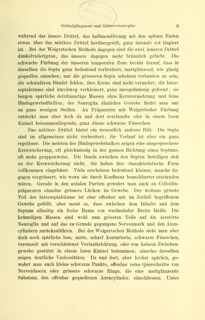 während das innere Drittel, das halbmondförmig mit den spitzen Enden etwas über das mittlere Drittel herübergreift, ganz intensiv rot fingiert ist. Bei der Weigertschen Methode dagegen sind die zwei inneren Drittel dunkel violettgrau, das äussere dagegen mehr bräunlich gefärbt. Die schwache Färbung der äusseren temporalen Zone beruht darauf, dass in derselben die Septa ganz bedeutend verbreitert, mattglänzend, wie glasig gequollen aussehen; nur die grösseren Septa scheinen vorhanden zu sein; die sekundären Bündel fehlen; ihre Kerne sind nicht vermehrt; die Inter- septalräume sind durchweg verkleinert, ganz unregelmässig geformt; sie bergen spärliche detritusartige Massen ohne Kernvermehrung und feine Bindegewebsfibrillen; der Neuroglia ähnliches Gewebe findet man nur an ganz wenigen Stellen. An Präparaten mit Weigertscher Färbung entdeckt man aber doch da und dort vereinzelte oder in einem losen Knäuel beisammenliegende, ganz dünne schwarze Fäserchen. Das mittlere Drittel bietet ein wesentlich anderes Bild. Die Septa sind im allgemeinen nicht verbreitert; ihr Verlauf ist aber ein ganz regelloser. Die meisten der Bindegewebsbalken zeigen eine ausgesprochene Kernwucherung, oft gleichmässig in der ganzen Richtung eines Septums. oft mehr gruppenweise. Die Inseln zwischen den Septen beteiligen sich an der Kernwucherung nicht. Sie haben ihre charakteristische Form vollkommen eingebüsst. Viele erscheinen bedeutend kleiner, manche da- gegen vergrössert, wie wenn sie durch Konfluenz benachbarter entstanden wären. Gerade in den axialen Partien gewahrt man auch an Celloidin- Präparaten einzelne grössere Lücken im Gewebe. Der weitaus grösste Teil der Interseptalräume ist aber offenbar mit im Zerfall begriffenem Gewebe gefüllt, aber meist so, dass zwischen dem Inhalte und dem Septum allseitig ein freier Baum von wechselnder Breite bleibt. Die krümeligen Massen sind wohl zum grössten Teile auf die zerstörte Neuroglia und auf das zu Grunde gegangene Nervenmark und den Axen- cylindern zurückzuführen. Bei der Weigertschen Methode sieht man aber doch noch spärliche lose, zarte, scharf konturierte, schwarze Fäserchen, vereinzelt mit verschiedener Verlaufsrichtung, oder von keinem Zwischen- gewebe gestützt in einem losen Knäuel beisammen; einzelne derselben zeigen deutliche Varicositäten. Da und dort, aber höchst spärlich, ge- wahrt man auch kleine schwarze Punkte, offenbar reine Querschnitte von Nervenfasern oder grössere schwarze Ringe, die eine mattglänzende Substanz, den offenbar gequollenen Axencylinder, einschliessen. Unter