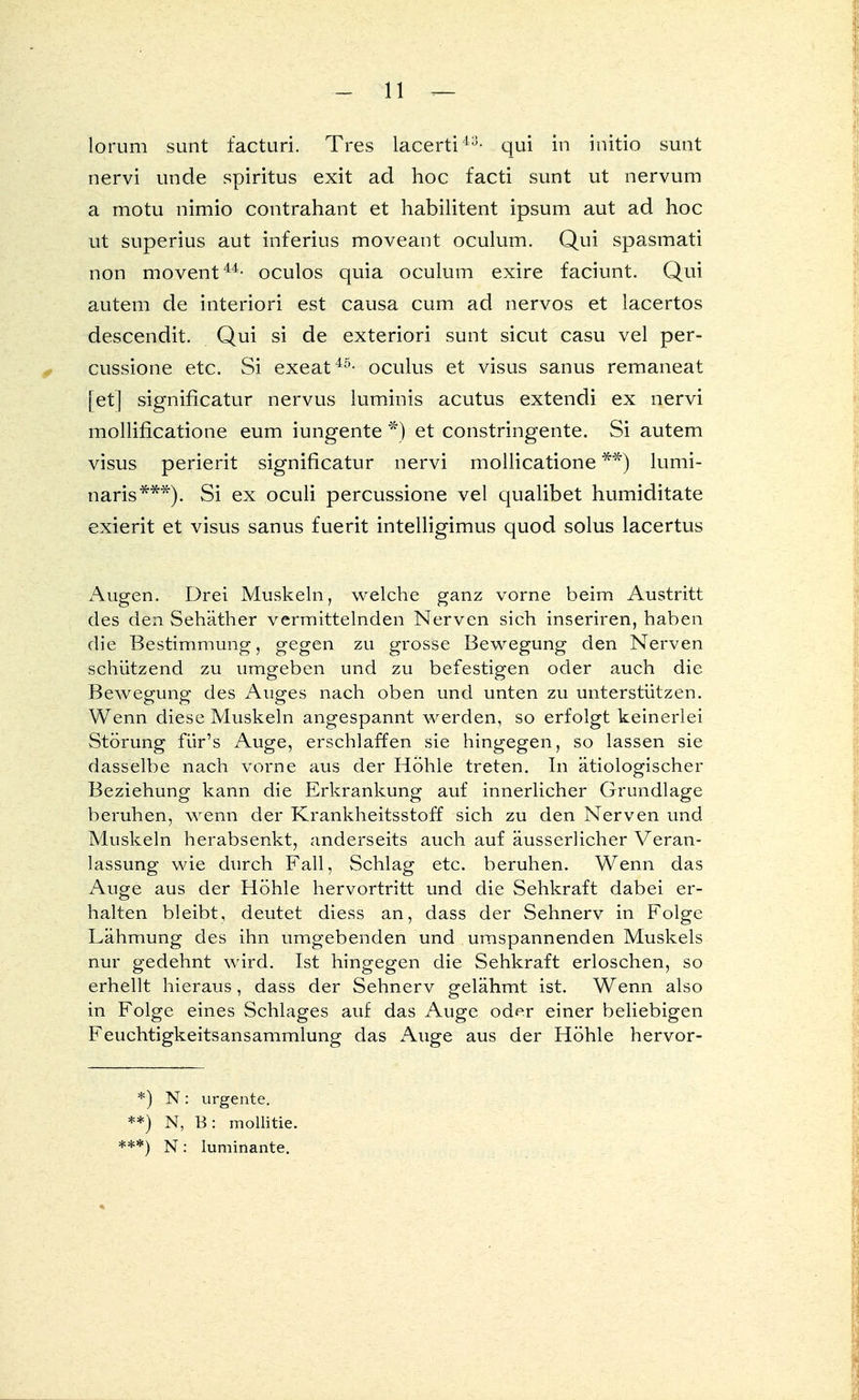 nervi unde spiritus exit ad hoc facti sunt ut nervum a motu nimio contrahant et habilitent ipsum aut ad hoc ut superius aut inferius moveant oculum. Qui spasmati non movent44- oculos quia oculum exire faciunt. Qui autem de interiori est causa cum ad nervös et lacertos descendit. Qui si de exteriori sunt sicut casu vel per- cussione etc. Si exeat45- oculus et visus sanus remaneat [et] significatur nervus iuminis acutus extendi ex nervi mollificatione eum iungente *) et constringente. Si autem visus perierit significatur nervi mollicatione **) lumi- naris***). Si ex oculi percussione vel qualibet humiditate exierit et visus sanus fuerit intelligimus quod solus lacertus Augen. Drei Muskeln, welche ganz vorne beim Austritt des den Sehäther vermittelnden Nerven sich inseriren, haben die Bestimmung, gegen zu grosse Bewegung den Nerven schützend zu umgeben und zu befestigen oder auch die Bewegung des Auges nach oben und unten zu unterstützen. Wenn diese Muskeln angespannt werden, so erfolgt keinerlei Störung für's Auge, erschlaffen sie hingegen, so lassen sie dasselbe nach vorne aus der Höhle treten. In ätiologischer Beziehung kann die Erkrankung auf innerlicher Grundlage beruhen, wenn der Krankheitsstoff sich zu den Nerven und Muskeln herabsenkt, anderseits auch auf äusserlicher Veran- lassung wie durch Fall, Schlag etc. beruhen. Wenn das Auge aus der Höhle hervortritt und die Sehkraft dabei er- halten bleibt, deutet diess an, dass der Sehnerv in Folge Lähmung des ihn umgebenden und umspannenden Muskels nur gedehnt wird. Ist hingegen die Sehkraft erloschen, so erhellt hieraus, dass der Sehnerv gelähmt ist. Wenn also in Folge eines Schlages auf das Auge oder einer beliebigen Feuchtigkeitsansammlung das Auge aus der Höhle hervor- *) N: urgente. **) N, B : mollitie. ***) N: Iuminante.