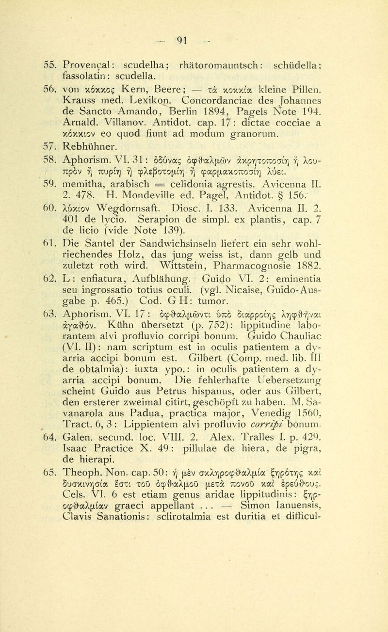 55. Provencal: scudelha; rhätoromauntsch: schüdella: fassolatin: scudella. 56. von xoxxoc; Kern, Beere; — xdc xoxxi'a kleine Pillen. Krauss med. Lexikon. Concordanciae des Johannes de Sancto Amando, Berlin 1894, Pageis Note 194. Arnald. Villanov. Antidot, cap. 17: dictae cocciae a xoxxiov eo quod flunt ad modum granorum. 57. Rebhühner. 58. Aphorism. VI. 31: öSuva^ öcp-fraX|jiü)v dxpyjTGTcoafy Xou- Ttpov fj Tcupiy] fj cpXeßoxo|xty) y) cpap|iaxoTcoa^ Xuet. 59. memitha, arabisch = celidonia agrestis. Avicenna II. 2. 478. H. Mondeville ed. Pagel, Antidot. § 156. 60. X6xiov Wegdornsaft. Diosc. I. 133. Avicenna II. 2. 401 de lycio. Serapion de simpl. ex plantis, cap. 7 de licio (vide Note 139). 61. Die Santel der Sandwichsinseln liefert ein sehr wohl- riechendes Holz, das jung weiss ist, dann gelb und zuletzt roth wird. Wittstein, Pharmacognosie 1882. 62. L: enflatura, Aufblähung. Guido VI. 2: eminentia seu ingrossatio totius oculi. (vgl. Nicaise, Guido-Aus- gabe p. 465.) Cod. GH: tumor. 63. Aphorism. VI. 17: äcp&aXjAtovxi ötcö biocppoirjc, Xr^frfjvai ayafrov. Kühn übersetzt (p. 752): lippitudine labo- rantem alvi profluvio corripi bonum. Guido Chauliac (VI. II): nam scriptum est in oculis patientem a dy- arria accipi bonum est. Gilbert (Comp. med. lib. III de obtalmia): iuxta ypo.: in oculis patientem a dy- arria accipi bonum. Die fehlerhafte Uebersetzung scheint Guido aus Petrus hispanus, oder aus Gilbert, den ersterer zweimal citirt, geschöpft zu haben. M. Sa- vanarola aus Padua, practica major, Venedig 1560, Tract. 6, 3 : Lippientem alvi profluvio corripi bonum. 64. Galen, secund. loc. VIII. 2. Alex. Tralles I. p. 429. Isaac Practice X. 49: pillulae de hiera, de pigra, de hierapi. 65. Theoph. Non. cap. 50: i\ jjlsv axXyjpocp-fraXjjiia Jyjpoxy^ %ocl Suaxiv^ai'a lern xoö ocp^aX^xoö [lexa tüovou xat spsuftouc. Cels. VI. 6 est etiam genus aridae lippitudinis: gyjp- ocp&aXptiav graeci appellant ... — Simon Ianuensis, Clavis Sanationis: sclirotalmia est duritia et difficul-