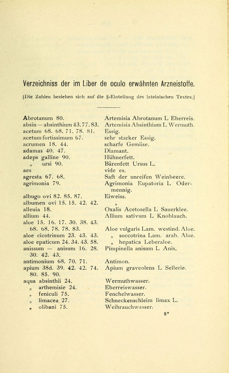 Verzeichniss der im Uber de oculo erwähnten Arzneistoffe. [Die Zahlen beziehen sich auf die ^-Einteilung des lateinischen Textes.] Abrotanum 80. absin — absinthium 43.77. 83. acetum 68. 68. 71. 78. 81. acetumfortissimum 67. acrumen 18. 44. adamas 40. 47. adeps galline 90. „ ursi 90. aes agresta 67. 68. agrimonia 79. albugo ovi 82. 85. 87. albumen ovi 15. 15. 42. 42. alleuia 18. allium 44. aloe 15. 16. 17. 30. 38. 43. 68. 68. 78. 78. 83. aloe cicotrinum 23. 43. 43. aloe epaticum 24. 34. 43. 58. anissum — anisum 16. 28. 30. 42. 43. antimonium 68. 70. 71. apium 38d. 39. 42. 42. 74. 80. 85. 90. aqua absinthii 24. „ arthemisie 24. „ feniculi 75. „ limacea 27. „ olibani 75. Artemisia Abrotanum L Eberreis. Artemisia Absinthium L Wermuth, Essig. sehr starker Essig, scharfe Gemüse. Diamant. Hühnerfett. Bärenfett Ursus L. vide es. Saft der unreifen Weinbeere. Agrimonia Eupatoria L Oder- mennig. Eiweiss. Oxalis Acetosella L Sauerklee. Allium sativum L Knoblauch. Aloe vulgaris Lam. westind. Aloe. ,, soccotrina Lam. arab. Aloe. „ hepatica Leberaloe. Pimpinella anisum L Anis. Antimon. Apium graveolens L Sellerie. Wermuthwasser. Eberreiswasser. Fenchelwasser. Schneckenschleim limax L. Weihrauchwasser. 8*