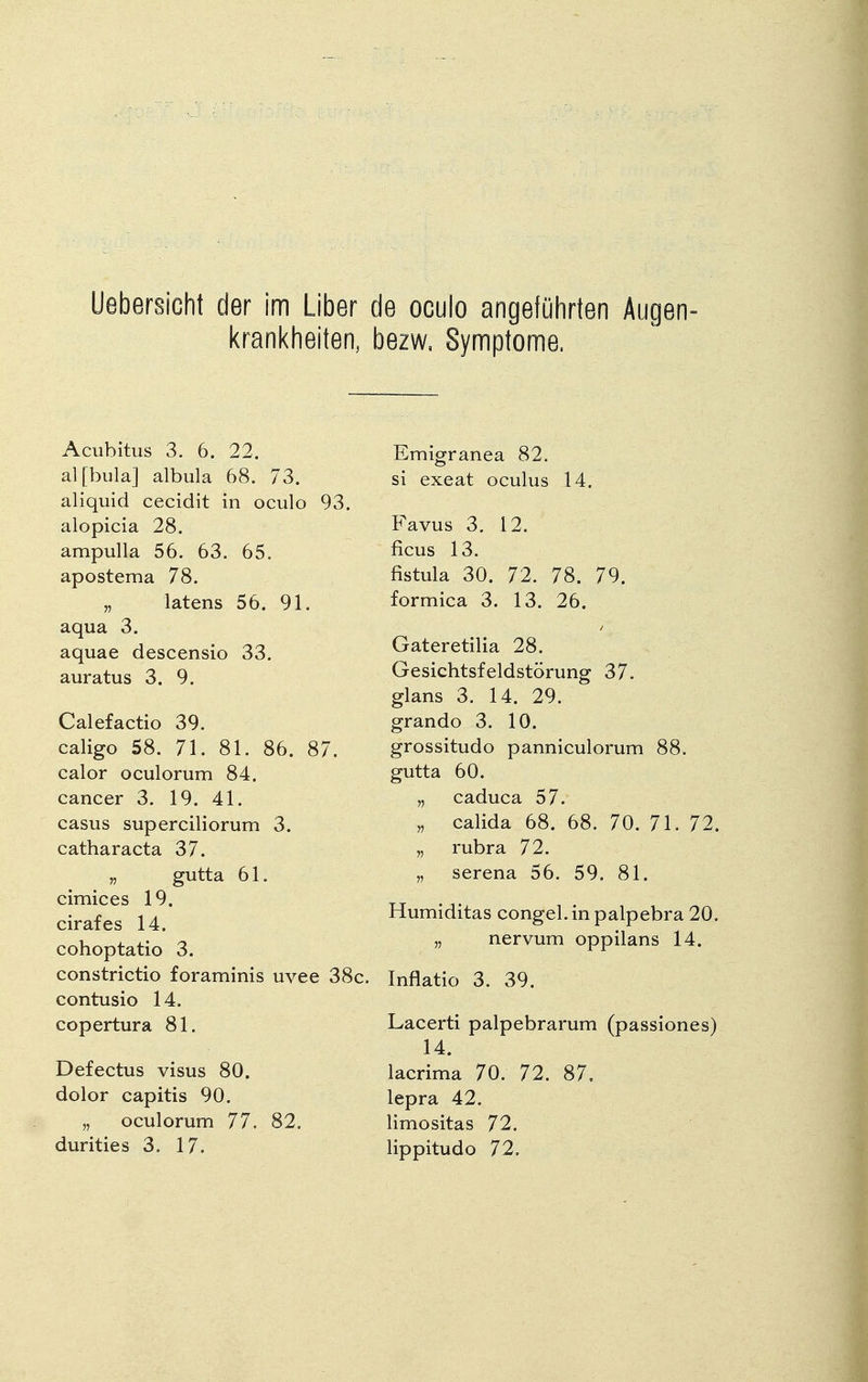 Uebersicht der im über de oculo angeführten Augen- krankheiten, bezw, Symptome, Acubitus 3. 6. 22. alfbula] albula 68. 73. aliquid cecidit in oculo 93. alopicia 28. ampulla 56. 63. 65. apostema 78. „ latens 56. 91. aqua 3. aquae descensio 33. auratus 3. 9. Calefactio 39. caligo 58. 71. 81. 86. 87. calor oculorum 84. Cancer 3. 19. 41. casus superciliorum 3. catharacta 37. „ gutta 61. cimices 19. cirafes 14. cohoptatio 3. constrictio foraminis uvee 38c. contusio 14. copertura 81. Defectus visus 80. dolor capitis 90. „ oculorum 77. 82. durities 3. 17. Emigranea 82. si exeat oculus 14. Favus 3. 12. ficus 13. fistula 30. 72. 78. 79. formica 3. 13. 26. Gateretilia 28. Gesichtsfeldstörung 37. glans 3. 14. 29. grando 3. 10. grossitudo panniculorum 88. gutta 60. „ caduca 57. „ calida 68. 68. 70. 71. 72. „ rubra 72. „ serena 56. 59. 81. Humiditas congel. in palpebra 20. „ nervum oppilans 14. Inflatio 3. 39. Lacerti palpebrarum (passiones) 14. lacrima 70. 72. 87, lepra 42. limositas 72. lippitudo 72.