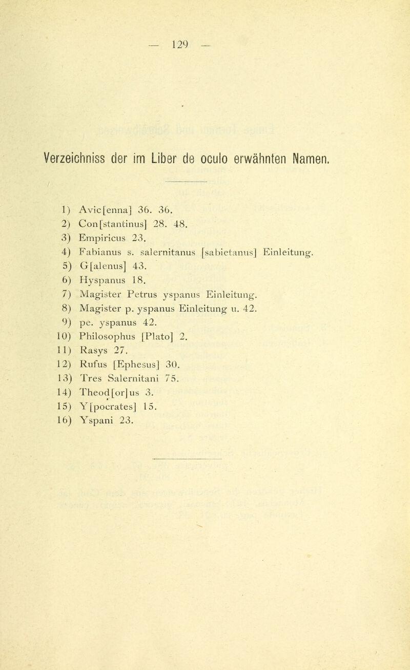 Verzeichniss der im Liber de oculo erwähnten Namen. 1) Avic [enna] 36. 36. 2) Con[stantinus] 28. 48. 3) Empiricus 23. 4) Fabianus s. salernitanus [sabietaniis] Einleitung. 5) G[alenus] 43. 6) Hyspanus 18. 7) Magister Petrus yspanus Einleitung. 8) Magister p. yspanus Einleitung u. 42. 9) pe. yspanus 42. 10) Philosophus [Plato] 2. 11) Rasys 27. 12) Rufus [Ephesus] 30. 13) Tres Salernitani 75. 14) Theod[or]us 3. 15) Y[pocrates] 15. 16) Yspani 23.