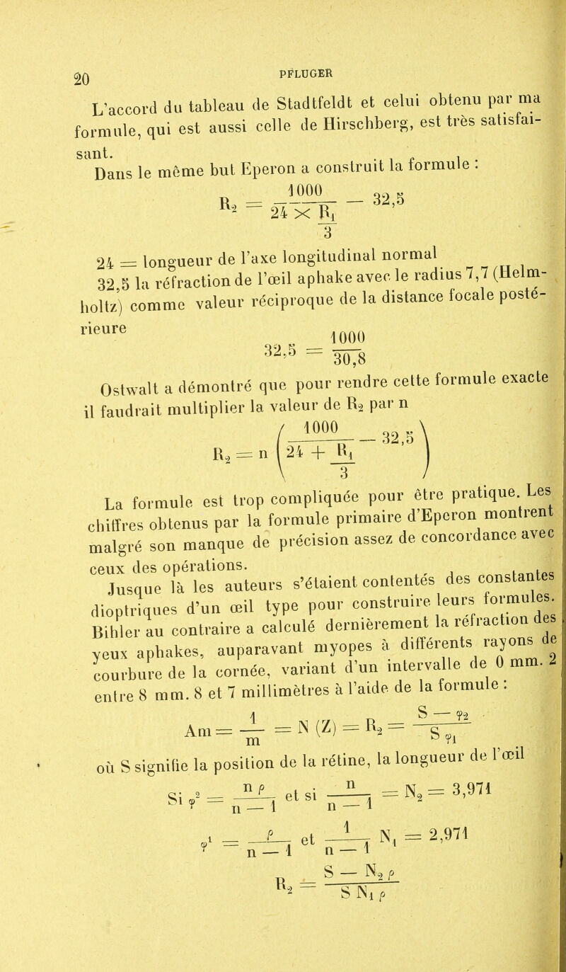 L'accord du tableau de Stadtfeldt et celui obtenu par ma formule, qui est aussi celle de Hirschberg, est très satisfai- **Dans le même but Eperon a construit la formule : 1000 „„„ 3 24 = longueur de l'axe longitudinal normal 32 S la réfraction de l'œil aphake avec le radius 7 7 (Helm- hoUz) comme valeur réciproque de la distance focale posté- rieure '^^''^  30,8 Ostwalt a démontré que pour rendre cette formule exacte il faudrait multiplier la valeur de Ra par n R, = n I 24 + 3^ La formule est trop compliquée pour être pratique Les, chiffres obtenus par la formule primaire d'Eperon montren malgré son manque de précision assez de concordance avec ceux des opérations. Jusque là les auteurs s'étaient contentes des constan es dioptrîques d'un œil type pour construire eurs formule • Bihler au contraire a calculé dernièrement la réfraction des yeux aphakes, auparavant myopes à différents rayons de courbure de la cornée, variant d'un intervalle de 0 mm. 2 entre 8 mm. 8 et 7 millimètres à l'aide de la formule Am=-i-=N(Z) = R-,= ^^ ■ où S signifie la position de la rétine, la longueur de l'œil Si = ^ et-ir^i=^'^ P cl = 2,971 _S-N,p S Ni f