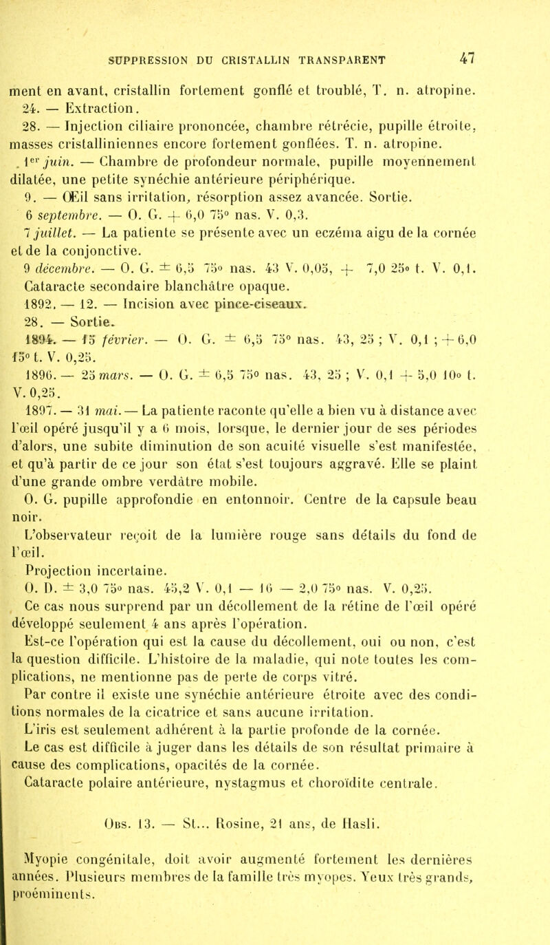 ment en avant, cristallin fortement gonflé et troublé, T. n. atropine. 24. — Extraction. 28. — Injection ciliaire prononcée, chambre rétrécie, pupille étroite, masses cristalliniennes encore fortement gonflées. T. n. atropine. . \^'' juin. — Chambre de profondeur normale, pupille moyennement dilatée, une petite synéchie antérieure périphérique. 9. — Œil sans irritation, résorption assez avancée. Sortie. 6 septembre. — 0. G. + 6,0 75° nas. V. 0,3. 1 juillet. — La patiente se présente avec un eczéma aigu de la cornée et de la conjonctive. 9 décembre. — 0. G. ± 6,5 75o nas. 43 V. 0,03, -f 7,0 25o t. V. 0,1. Cataracte secondaire blanchâtre opaque. 1892. — 12. — Incision avec pince-ciseaux. 28. — Sortie. 1894. — 15 février. — 0. G. ± 6,5 73° nas. 43, 23 ; V. 0,1 ; + 6,0 13° t. V. 0,25. 1896. — 23 mars. — 0. G. ± 6,5 75o nas. 43, 23 ; V. 0,1 + 5,0 lOo t. V.0,23. 1897. — 31 mai.— La patiente raconte qu'elle a bien vu à distance avec Foeil opéré jusqu'il y a 6 mois, lorsque, le dernier jour de ses périodes d'alors, une subite diminution de son acuité visuelle s'est manifestée, et qu'à partir de ce jour son état s'est toujours aggravé. Elle se plaint d'une grande ombre verdàtre mobile. 0. G. pupille approfondie en entonnoir. Centre de la capsule beau noir. L'observateur reçoit de la lumière rouge sans détails du fond de l'œiL Projection incertaine. 0. D. ± 3,0 75o nas. 45,2 V. 0,1 — 16 - 2,0 75o nas. V. 0,23. Ce cas nous surprend par un décollement de la rétine de l'œil opéré développé seulement 4 ans après l'opération. Est-ce l'opération qui est la cause du décollement, oui ou non, c'est la question difficile. L'histoire de la maladie, qui note toutes les com- plications, ne mentionne pas de perte de corps vitré. Par contre il existe une synéchie antérieure étroite avec des condi- tions normales de la cicatrice et sans aucune irritation. L'iris est seulement adhérent à la partie profonde de la cornée. Le cas est difficile à juger dans les détails de son résultat primaire à cause des complications, opacités de la cornée. Cataracte polaire antérieure, nystagmus et choroïdite centrale. Obs. 13. — Si... Rosine, 21 ans, de Hasli. Myopie congénitale, doit avoir augmenté fortetnent les dernières années. Plusieurs membres de la famille très myopes. Yeux très grands, proéminents.