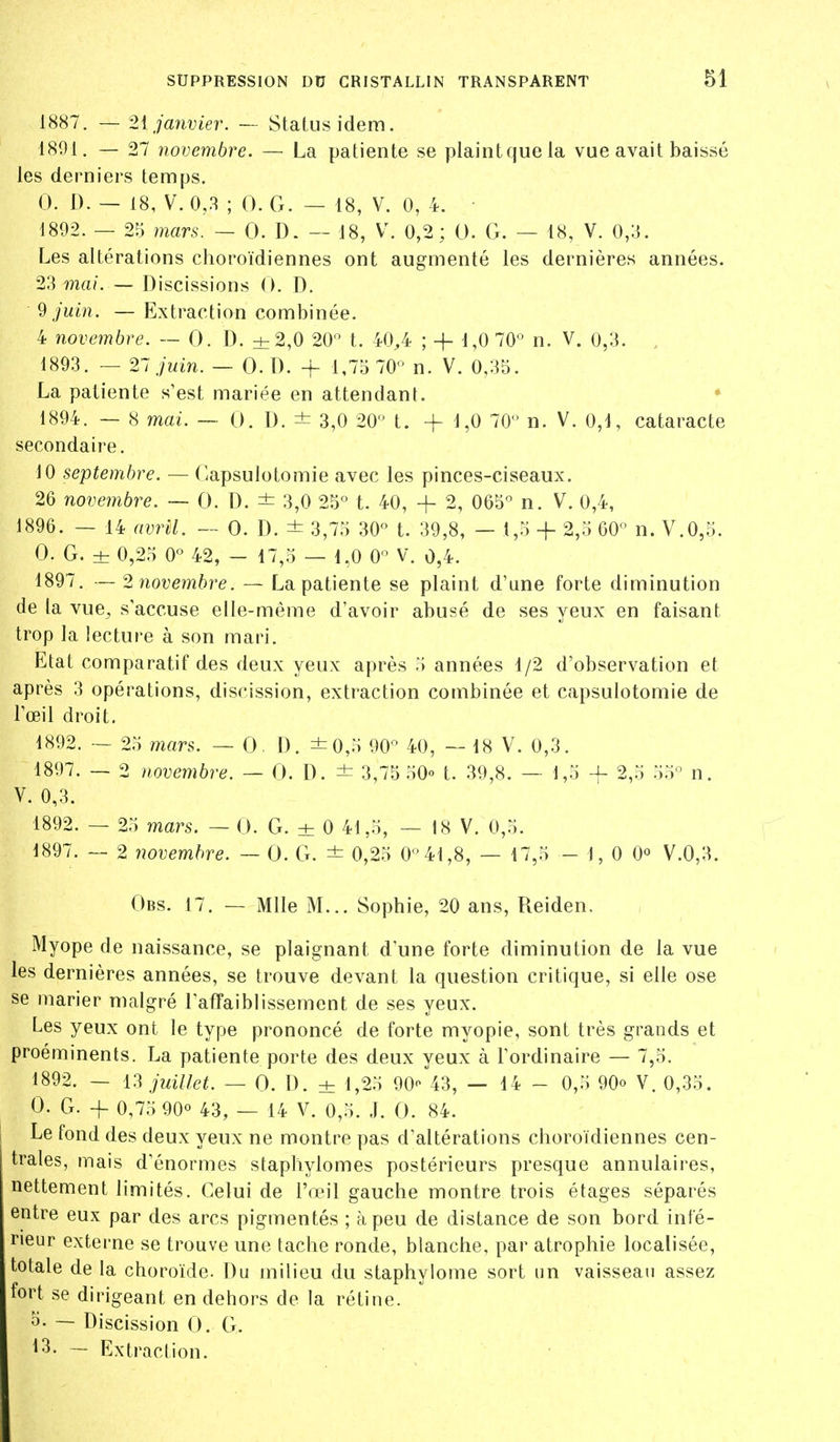 1887. — 2i janvier. — Status idem. 1801. — 27 novembre. — La patiente se plaintquela vue avait baissé les derniers temps. 0. D. — 18, V. 0,3 ; 0. G. — 18, V. 0, 4. • 1892. — 25 mars. — 0. D. — 18, V. 0,2 ; 0. G. — 18, V. 0,3. Les altérations choroïdiennes ont augmenté les dernières années. 23 mat. — Discissions (). D. 9 juin. — Extraction combinée. 4 novembre. — 0. D. ±2,0 20 t. 40,4 ; + 1,0 70° n. V. 0,3. , 1893. — 21 juin. — Q. D. + 1,75 70 n. V. 0,35. La patiente s'est mariée en attendant. * 1894. — 8 mai. ~ 0. D. ± 3,0 20 t. + 1,0 70 n. V. 0,1, cataracte secondaire. 10 septembre. — Gapsulotomie avec les pinces-ciseaux. 26 novembre. ~ Q. D. ± 3,0 25° t. 40, + 2, 065 n. V. 0,4, 1896. — 14 avril. — 0. D. ± 3,75 30 t. 39,8, — 1,5 + 2,5 60 n. V.0,5. 0. G. ± 0,25 0 42, — 17,5 — i,0 0 V. 0,4. 1897. — ^novembre. — La patiente se plaint d'une forte diminution de la vue, s'accuse elle-même d'avoir abusé de ses yeux en faisant trop la lecture à son mari. Etat comparatif des deux yeux après 5 années 1/2 d'observation et après 3 opérations, discission, extraction combinée et capsulotomie de l'œil droit. 1892. — 25 mar$. — 0. 1). ±0,5 90 40, — 18 V. 0,3. 1897. — 2 novembre. — Q. D. ± 3,75 50» t. 39,8. — 1,5 + 2,5 55 n. V. 0,3. 1892. — 25 mars. — 0. G. ± 0 41,5, — 18 V. 0,5. 1897. — 2 novembre. — 0. G. ± 0,25 041,8, — 17,5 -1,0 0« V.0,3. Obs. 17. — Mlle M... Sophie, 20 ans, Reiden. Myope de naissance, se plaignant d'une forte diminution de la vue les dernières années, se trouve devant la question critique, si elle ose se marier malgré l'affaiblissement de ses yeux. Les yeux ont le type prononcé de forte myopie, sont très grands et proéminents. La patiente porte des deux yeux à l'ordinaire — 7,5. 1892. — juillet. — 0. D. ± 1,25 90*^ 43, — 14 - 0,5 90o V. 0,35. 0. G. 4- 0,75 90° 43, — 14 V. 0,5. J. 0. 84. Le fond des deux yeux ne montre pas d'altérations choroïdiennes cen- trales, mais d'énormes staphylomes postérieurs presque annulaires, nettement limités. Celui de l'œil gauche montre trois étages séparés entre eux par des arcs pigmentés ; à peu de distance de son bord infé- rieur externe se trouve une tache ronde, blanche, par atrophie localisée, totale de la choroïde. Du milieu du staphylome sort un vaisseau assez fort se dirigeant en dehors de la rétine. o- — Discission 0. G. 13. — Extraction.