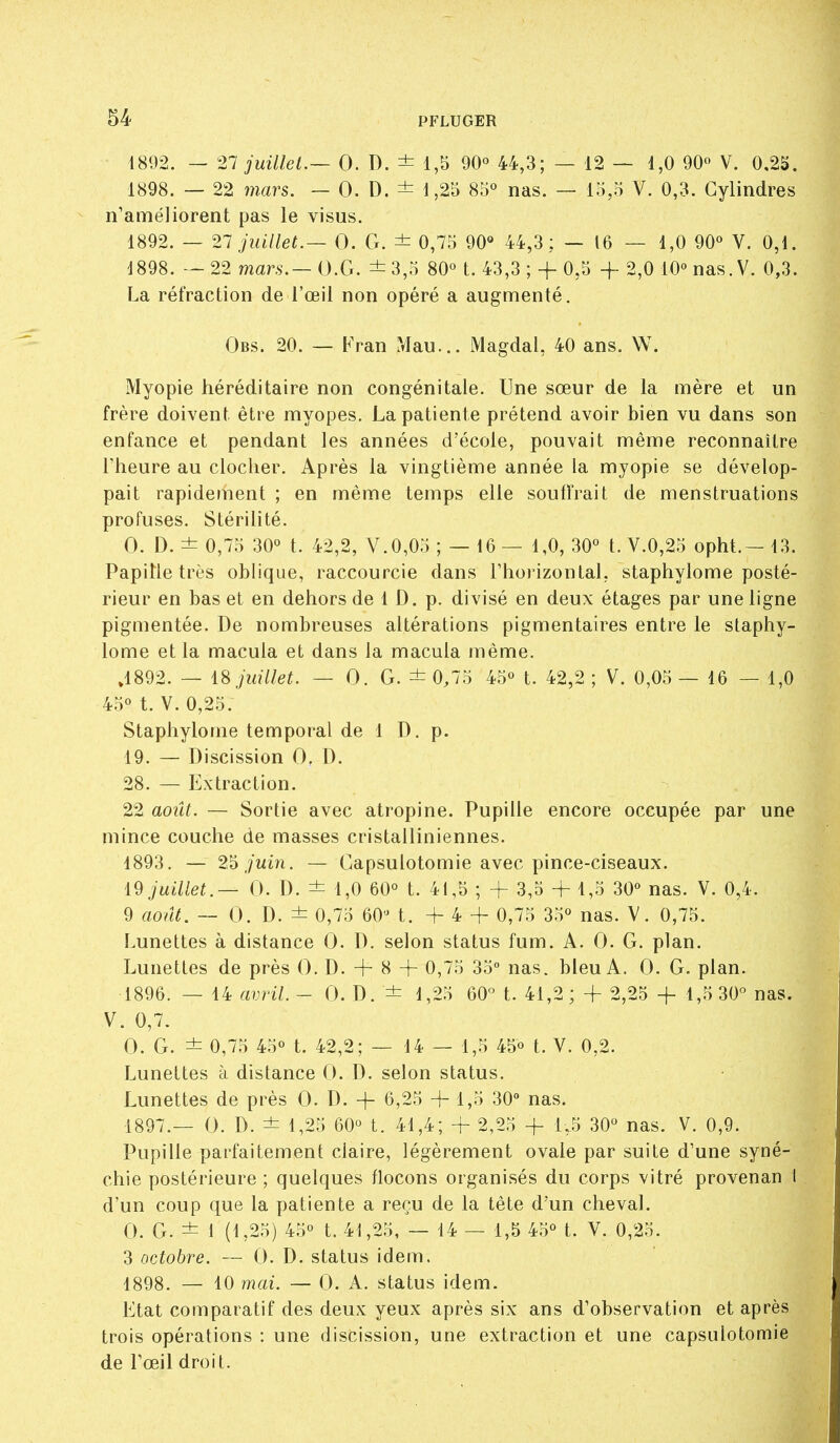 1892. — 21 juillet.— 0. D. ± 1,5 90° 44,3; — 12 — 1,0 90 V. 0.25. 1898. — 22 inars. — 0. D. ± i ,25 85° nas. — 15,5 V. 0,3. Cylindres n'améliorent pas le visus. 1892. — 21 juillet.— 0. Cx. ± 0,75 90 44,3: — 16 — 1,0 90° V. 0,1. 1898. —22 mars.— O.G. ±3,5 80° t. 43,3 ; +0,5 -f 2,0 lO^nas.V. 0,3. La réfraction de l'œil non opéré a augmenté. Obs. 20. — Fran ?Vlau... iMagdal, 40 ans. W. Myopie héréditaire non congénitale. Une sœur de la mère et un frère doivent être myopes. La patiente prétend avoir bien vu dans son enfance et pendant les années d'école, pouvait même reconnaître l'heure au clocher. Après la vingtième année la myopie se dévelop- pait rapidement ; en même temps elle souffrait de menstruations profuses. Stérilité. 0. D. ± 0,75 30° t. 42,2, V.0,05 ; — 16 — 1,0, 30° t. V.0,25 opht.— 13. Papille très oblique, raccourcie dans l'horizontal, staphylome posté- rieur en bas et en dehors de 1 D. p. divisé en deux étages par une ligne pigmentée. De nombreuses altérations pigmentaires entre le staphy- lome et la macula et dans la macula même. 4892. — iS juillet. — 0. G. ± 0,75 45° t. 42,2 ; V. 0,05 — 16 — 1,0 45° t. V. 0,25. Staphylome temporal de 1 D. p. 19. — Discission 0. D. 28. — Extraction. 22 aoiU. — Sortie avec atropine. Pupille encore occupée par une mince couche de masses cristalliniennes. 1893. — 2.^ juin. — Capsulotomie avec pince-ciseaux. i9 juillet.— 0. D. ± 1,0 60° t. 41,5 ; + 3,5 + 1,5 30 nas. V. 0,4. 9 août. — 0. D. ± 0,75 60^ t. -f- 4 + 0,75 35° nas. V. 0,75. Lunettes à distance 0. D. selon status fum. A. 0. G. plan. Lunettes de près 0. D. + 8 + 0,75 35° nas. bleu A. 0. G. plan. 1896. — 14 avril. - 0. D. ± 1,25 60° t. 41,2; + 2,25 + 1,5 30° nas. V. 0,7. 0. G. ± 0,75 45° i. 42,2; — 14 — 1,5 45° t. V. 0,2. Lunettes à distance 0. D. selon status. Lunettes de près 0. D. + 6,25 + 1,5 30° nas. 1897. — 0. D. ± 1,25 60° t. 41,4; + 2,25 -f 1,5 30° nas. V. 0,9. Pupille parfaitement claire, légèrement ovale par suite d'une syné- chie postérieure ; quelques flocons organisés du corps vitré provenan 1 d'un coup que la patiente a reçu de la tête d'un cheval. 0. G. ± 1 (1,25) 45° t. 41,25, — 14 — 1,5 45° t. V. 0,25. 3 octobre. — 0. D. status idem. 1898. — 10 mai. — 0. A. status idem. Etat comparatif des deux yeux après six ans d'observation et après trois opérations : une discission, une extraction et une capsulotomie de l'œil droit.