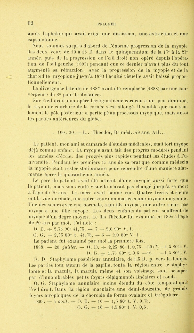 après Faphakie qui avait exigé une discission, une extraction et une capsulotomie. Nous sommes surpris d'abord de l'énorme progression de la myopie des deux yeux de 10 à 18 D dans le quinquennium de la IT^' à la 23^ année, puis de la progression de l'œil droit non opéré depuis l'opéra- tion de Tœil gauche (1893) pendant que ce dernier n'avait plus du tout augmenté sa réfraction. Avec la progression de la myopie et de la choroïdite myopique jusqu'à 1893 l'acuité visuelle avait baissé propor- tionnellement. La divergence latente de 1887 avait été remplacée (1888) par une con- vergence de 8° pour la distance. Sur l'œil droit non opéré l'astigmatisme cornéen a un peu diminué, le rayon de courbure de la cornée s'est allongé. Il semble que non seu- lement le pôle postérieur a participé au processus myopique, mais aussi les parties antérieures du globe. Obs. 30.— L... Théodor, D'' méd.,49 ans, Arl... Le patient, mon ami et camarade d'études médicales, était fort myope déjà comme enfant. La myopie avait fait des progrès modérés pendant les années d'école, des progrès plus rapides pendant les études à l'u- niversité. Pendant les premiers 15 ans de sa pratique comme médecin la myopie était restée stationnaire pour reprendre d'une manière alar- mante après la quarantième année. Le père du patient avait été atteint d'une myopie aussi forte que le patient, mais son acuité visuelle n'avait pas changé jusqu'à sa mort à Fâge de 70 ans. i.a mère avait bonne vue. Quatre frères et sœurs ont la vue normale, une autre sœur non mariée a une myopie moyenne. Une des sœurs avec vue normale, a un fils myope, une autre sœur pas myope a une lille myope. Les deux enfants du patient souffrent de myopie d'un degré moyen. Le fils Théodor fut examiné en 1894 à l'âge de 20 ans par moi. J'ai noté : 0. D. ± 2,75 90° 41,75, — 7 — 2,0 90° V. 1. 0. G. ± 2,75 80° t. 41,75, — 6 — 2,0 80° V. 1. Le patient fut examiné par moi la première fois. 1888. — 20 juillet. — 0. D. + 2,25 80° t. 0,75 —20 (?)—1,5 80°t.V. 0. G. ± 1,75 80° L0,6 —16 —1,5 80°t.V. 0. D. Staphylome postérieur annulaire, de 1,5 D. p. vers la tempe. Les parties tout autour de la papille, toute la région entre le staphy- lome et la macula, la macula même et son voisinage sont occupés par d'innombrables petits foyers dépigmentés linéaires et ronds. 0. G. Staphylome annulaire moins étendu du coté temporal qu'àf l'œil droit. Dans la région maculaire une demi-douzaine de grands foyers atrophiques de la choroïde de forme ovalaire et irrégulière. 1893. — 4 août. — 0. D. — 16 — 1,5 80° t. V. 0,75. 0. G. — 16 — 1,5 80° L V. 0,6.